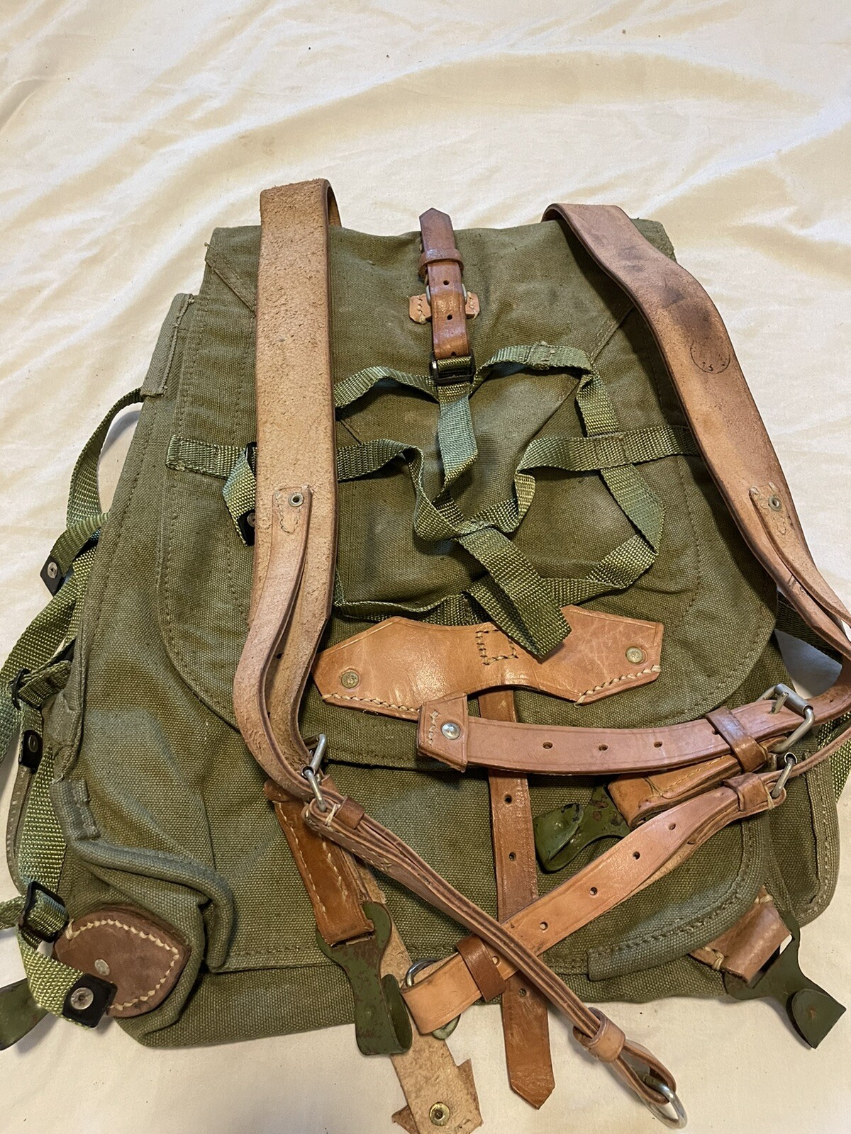 Vintage Romanian Army Canvas Backpack With Leather Shoulder Straps.