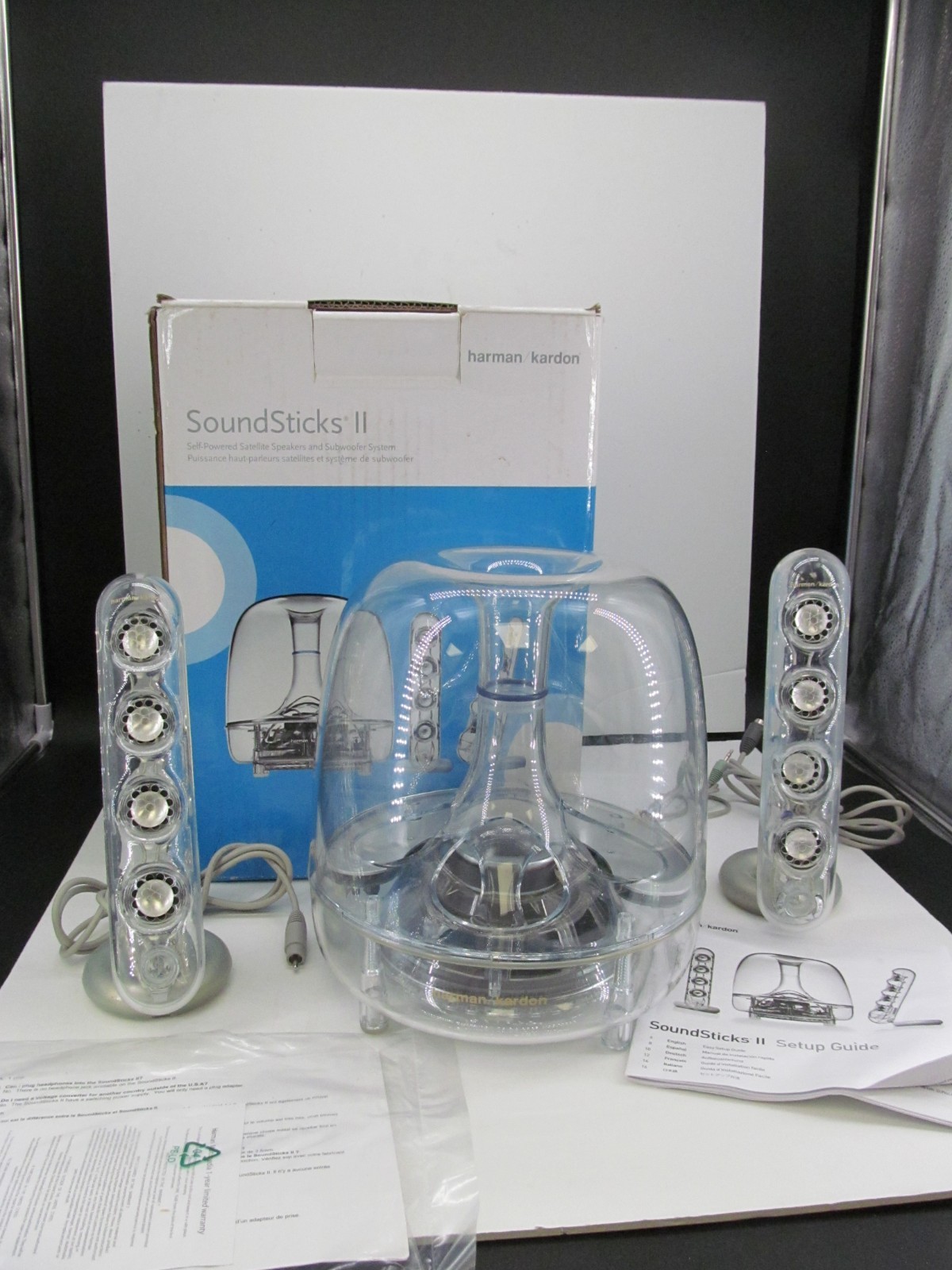 EHI DONATED  HARMAN KARDON SOUNDSTICKS II SET UNTESTED NO POWER CORD PARTS ONLY
