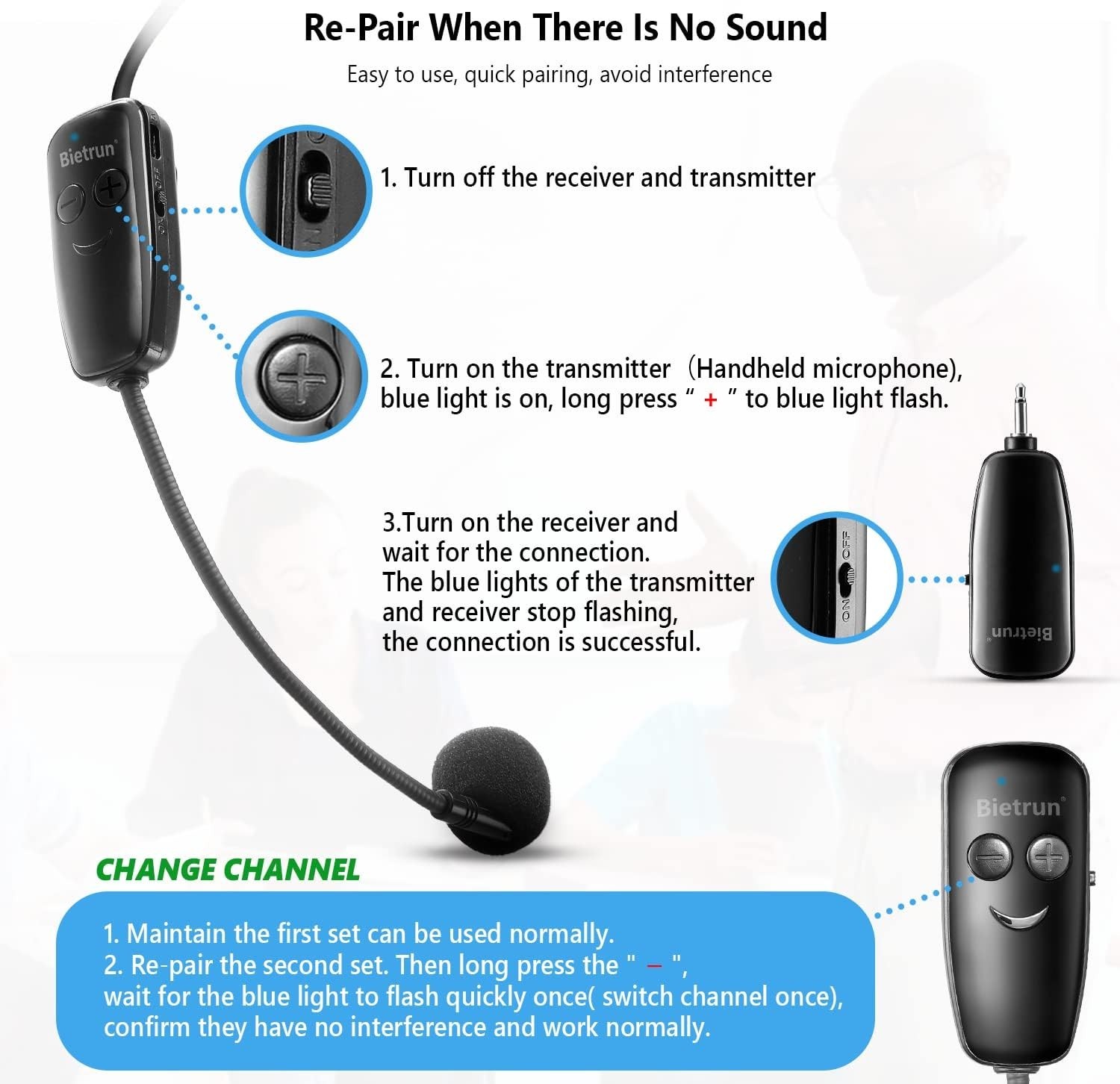 UHF Wireless Microphone Headset System - 160ft Range for Clear Audio Performance