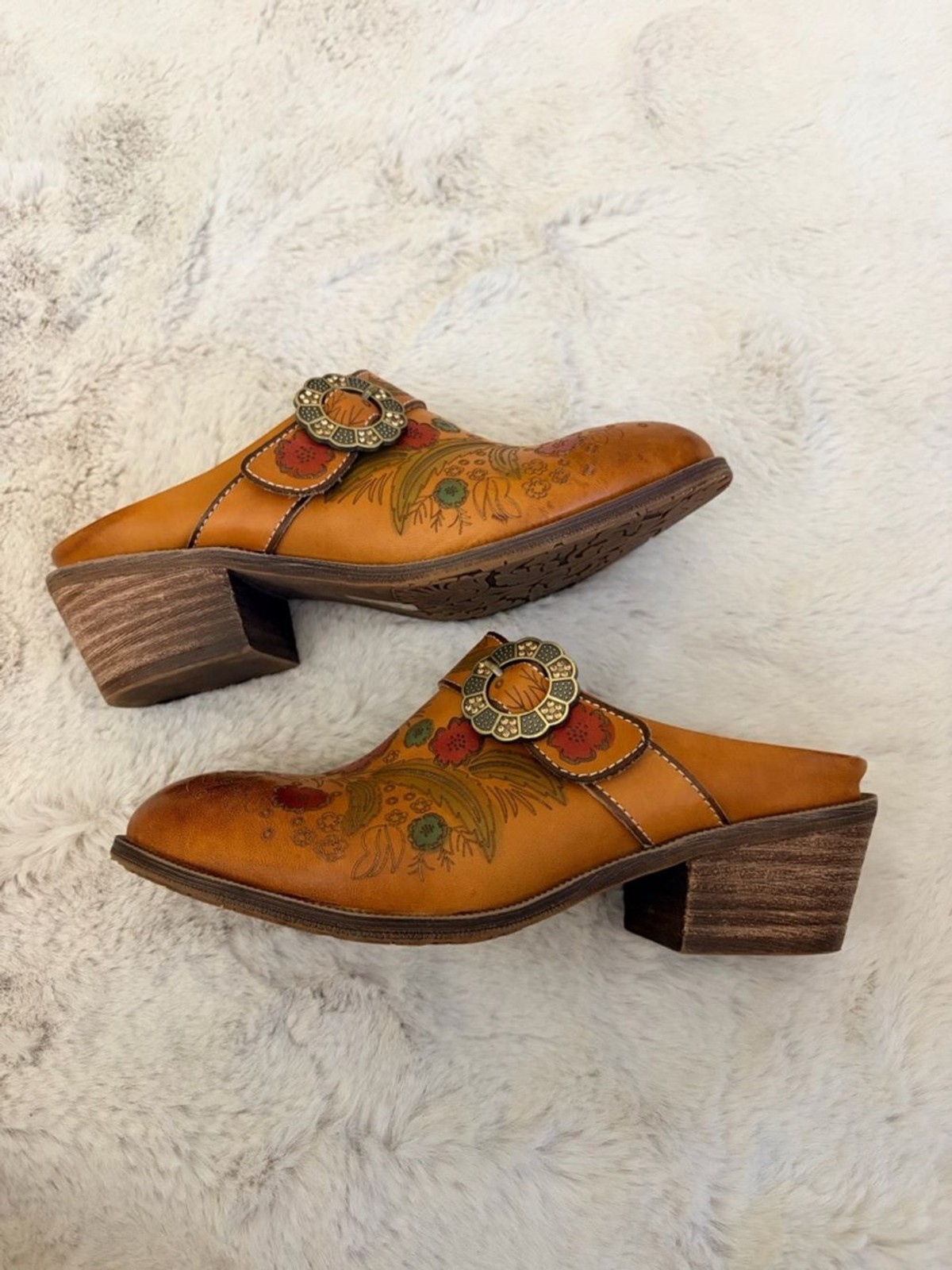 Spring Step L’Artiste Floral Tooled Leather Mule Clogs Heels US 5
