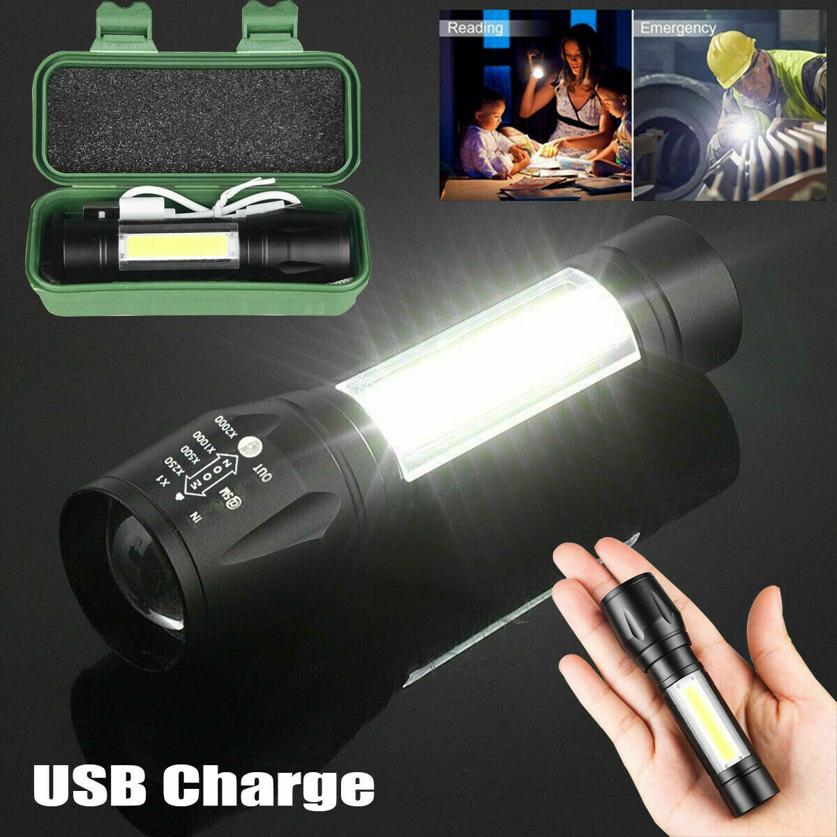 LED Flashlight Tactical Light Super Bright Torch USB Rechargeable COB