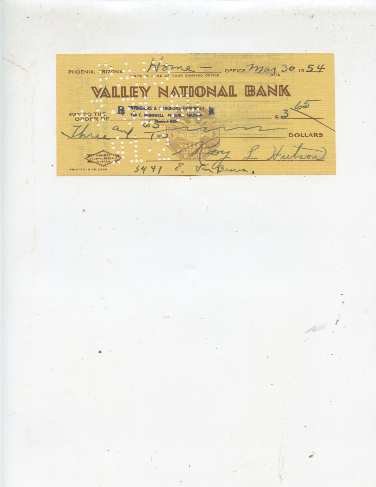 1925 BROOKLYN DODGERS OUTFIELDER "ROY HUTSON" RARE 1954 SIGNED CHECK