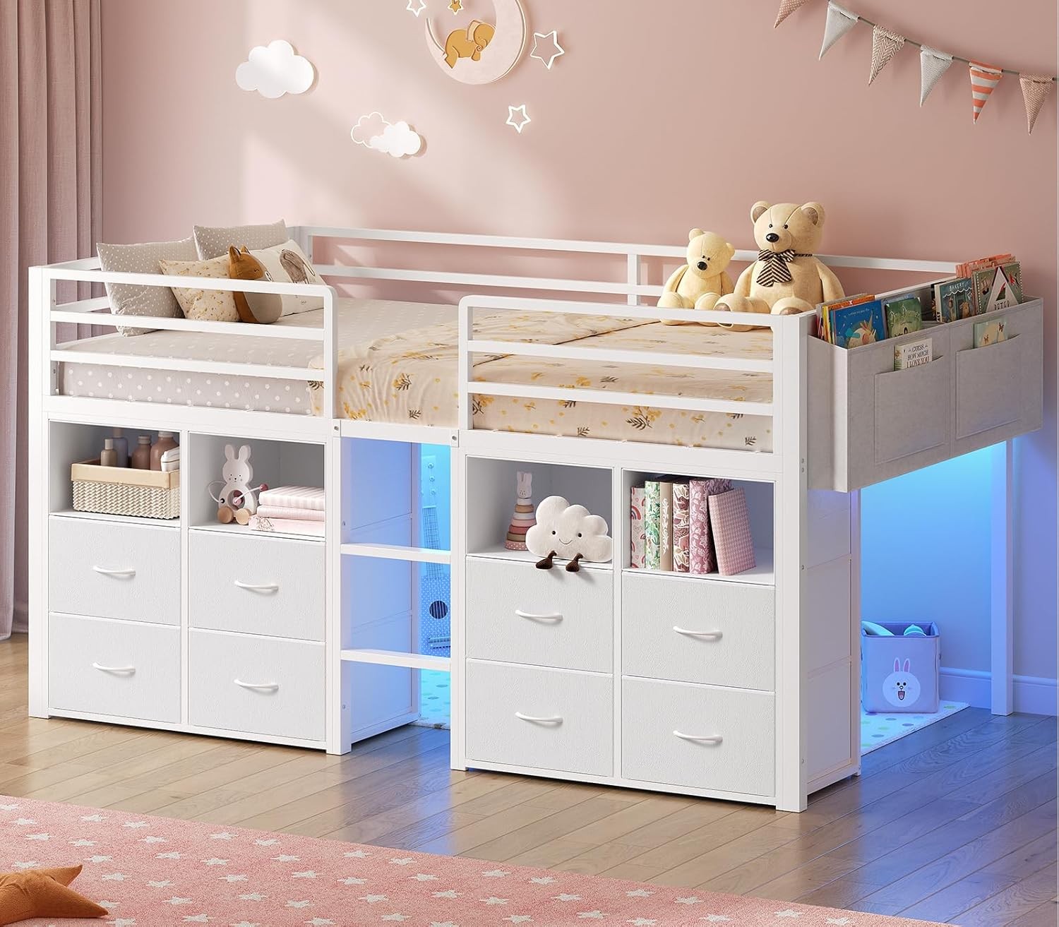 Twin Size Loft Bed with 8 Drawers, Stairs,Shelves & LED Ligh and Guardrails