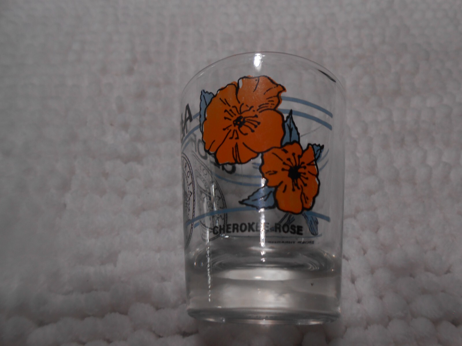 Georgia Shot Glass State Seal, Cherokee Rose, Brown Thrasher