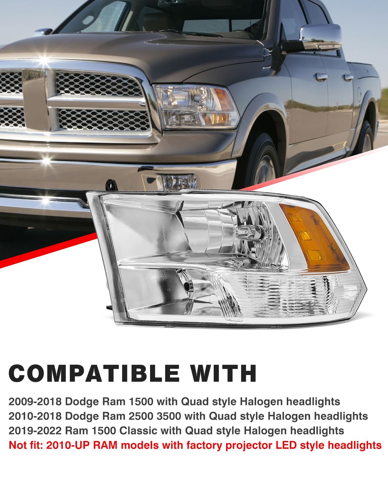 Halogen Headlight for 2010-2018 Dodge Ram 1500 & Dodge Ram 2500