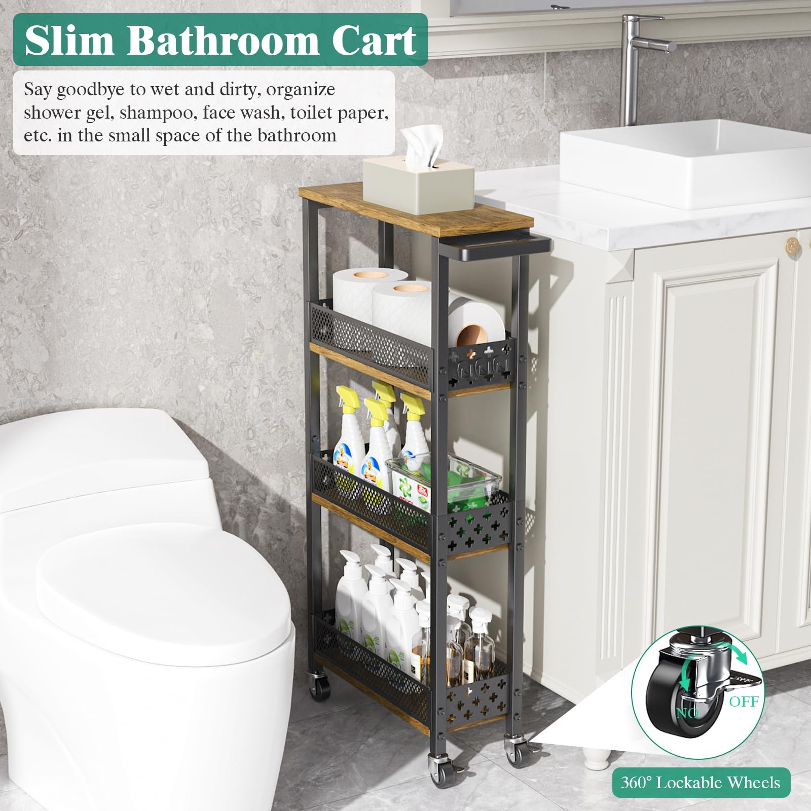 4-Tier Slim Rolling Storage Cart for Kitchen Bathroom Organizer, Mobile Narro...