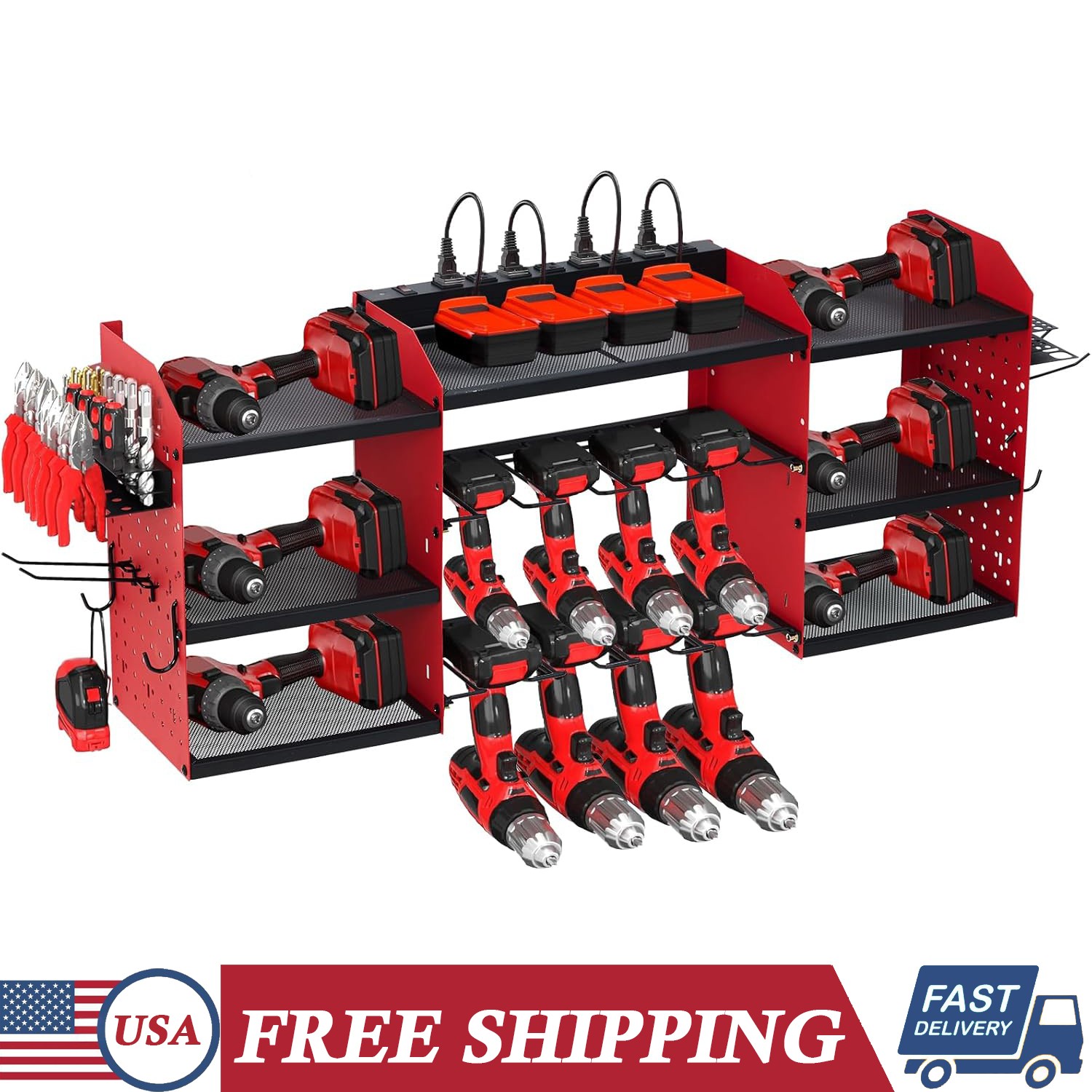 Wall Mounted Power Tool Organizer w/Charging Station 3-Tier Garage Storage Shelf