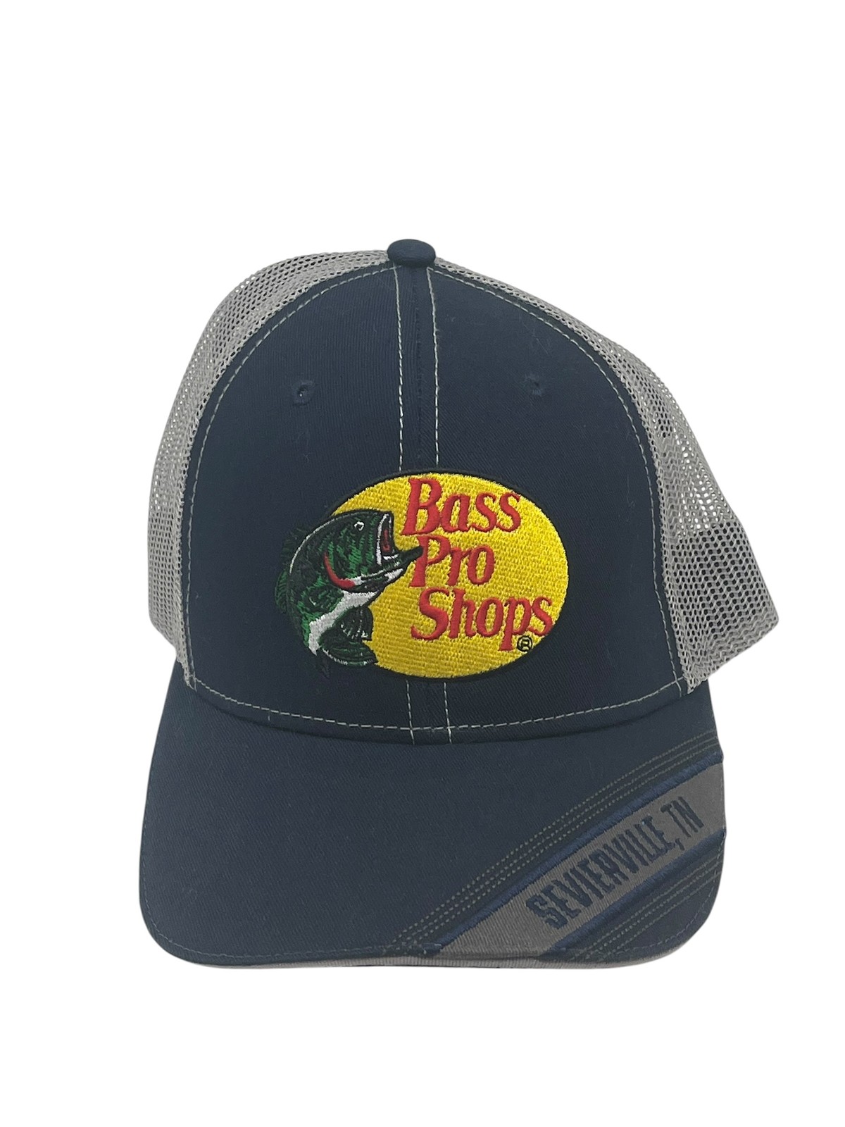 Bass Pro Shops Sevierville TN Trucker Hat Snapback Gone Fishing Navy Blue Mesh