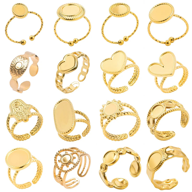 Gold Plated Adjustable Ring Stainless Steel Heart Oval Blank Base Jewelry