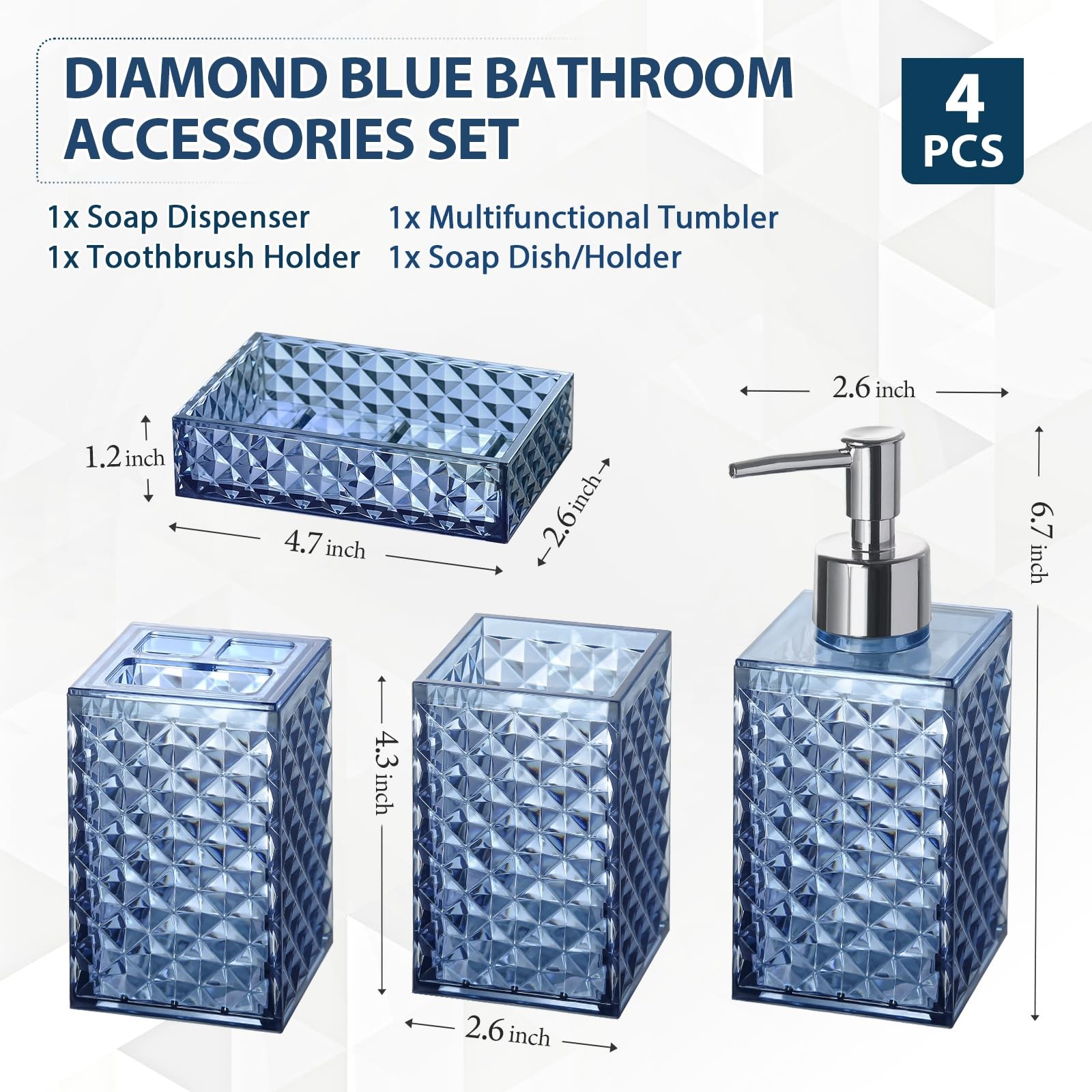 Bathroom Set, 4 Pack Blue Acrylic Bath Accessory Sets Complete, Diamond Soap ...