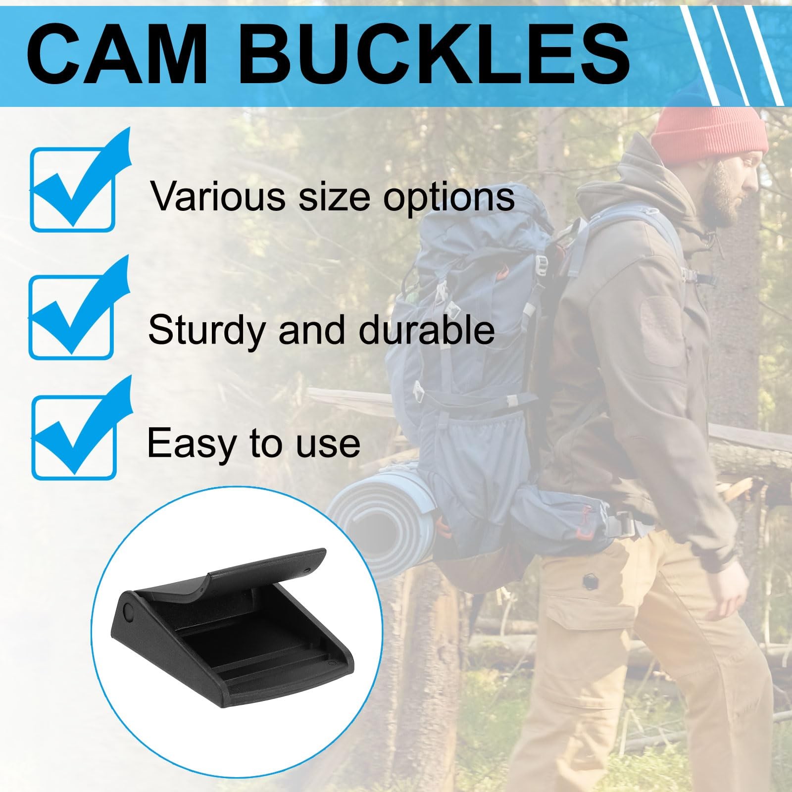 Webbing Black Cam Buckle 5/8 inch, 5 Pack Plastic Adjustable Toggle Clip for ...