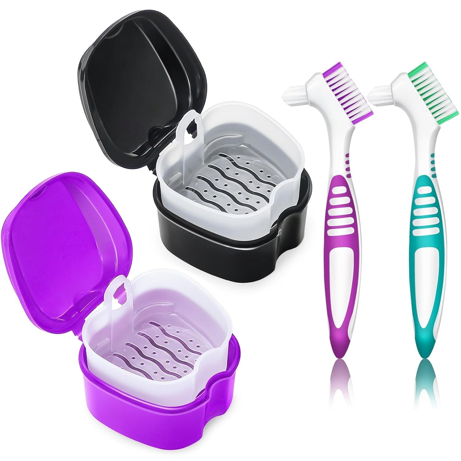 Denture Bath Case Denture Cleaning Cup with Brush Set, 2 Pack False Teeth