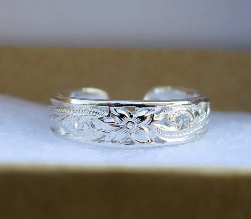 Hawaii Design Sterling 925K Silver Plumeria Flower Scroll Toe Ring 3mm TR1071