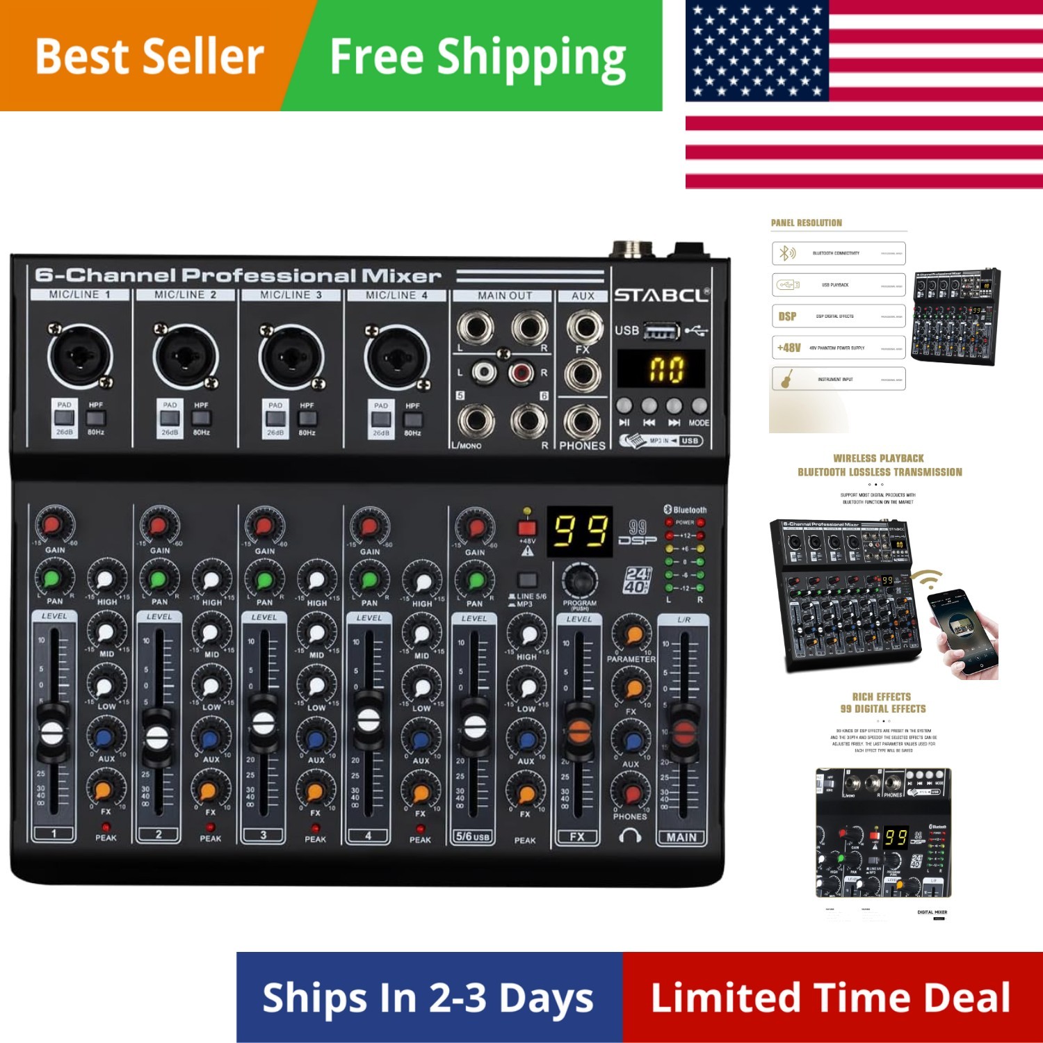 Professional Metal 6 Channel Audio Mixer with BT, Audio Interface Sound Board...