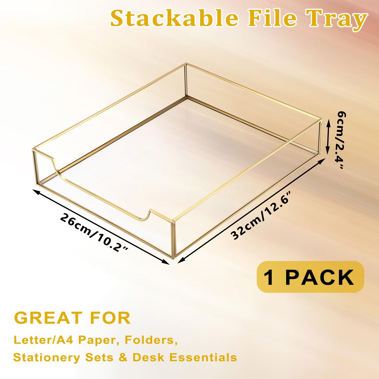 1 Pack Golden Glass Desk Tray, Multi-Purpose Organizer for A4 , Documents, De...