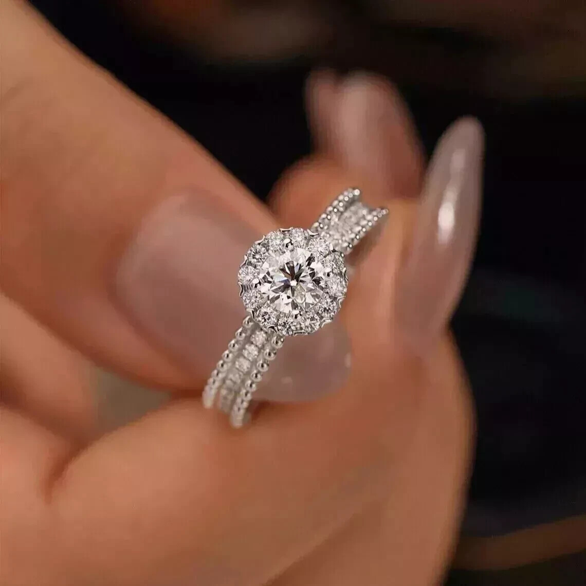 1.30 Ct Round Cut Moissanite Halo Engagement Ring 14k White Gold Plated For Her