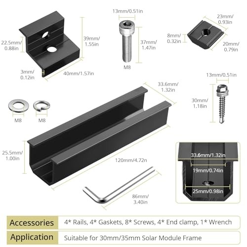 Solar Panel Mounting Kit for Single Panel, 4 Pcs 4.72in Mounting Rail & End