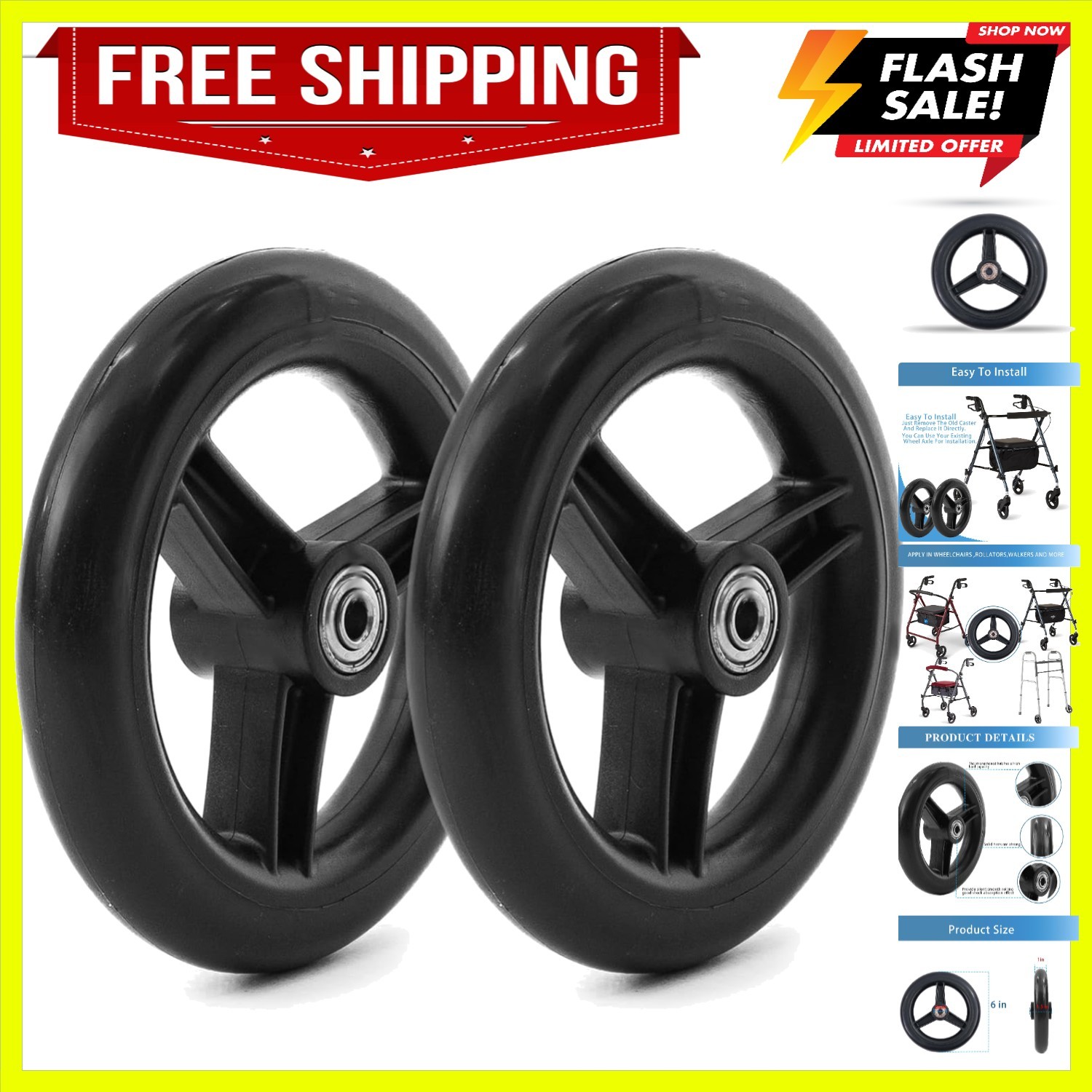 Universal 6-Inch Rollator Walker Wheels with Durable PU Tires - Safe Replacement
