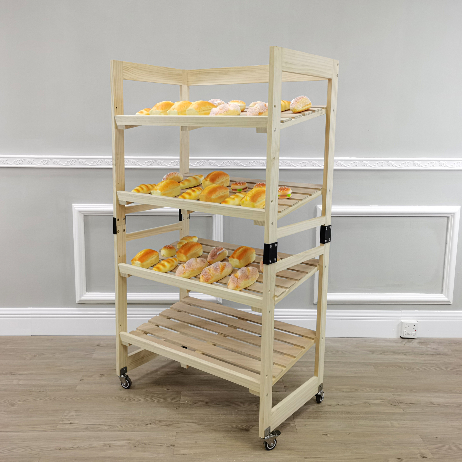 Bakery Bread Rack with Angled Shelves Wooden Display Rack Bread Store Rack