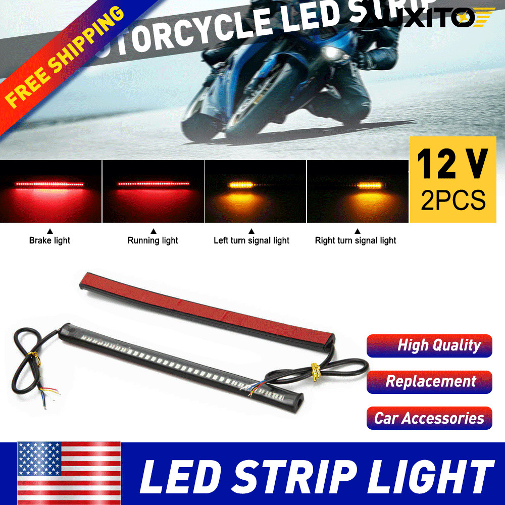 2PCS Motorcycle LED Light Strip Tail Brake Stop Turn Signal Amber Red 48 LED