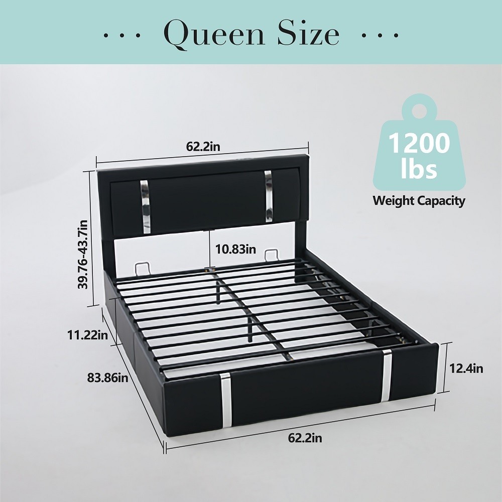 Lift Up Storage Bed Frame with Adjustable LEDUSB-CCharging PortsHydraulicSupport