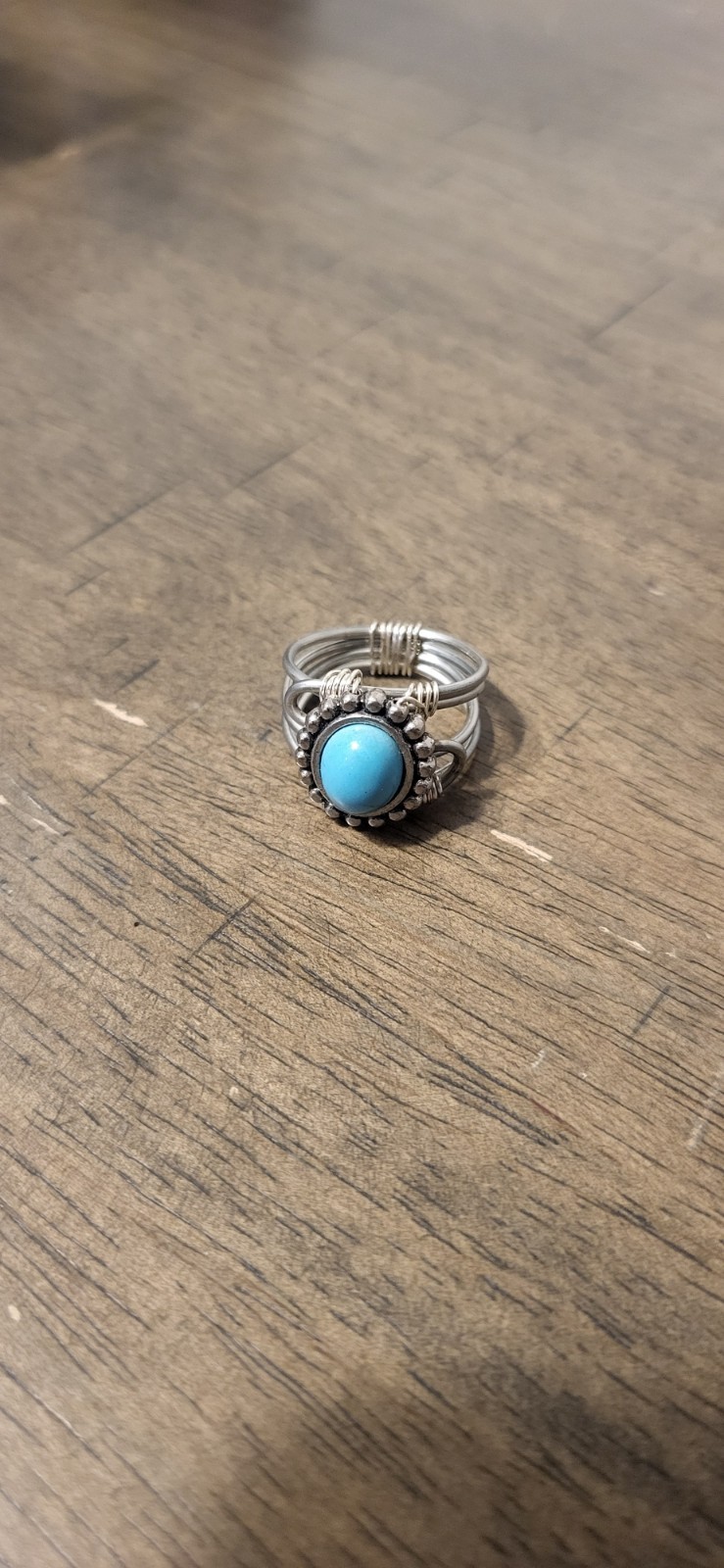 Handmade Silver Wire-Wrapped Ring with Turquoise Bead Size 9/9.5