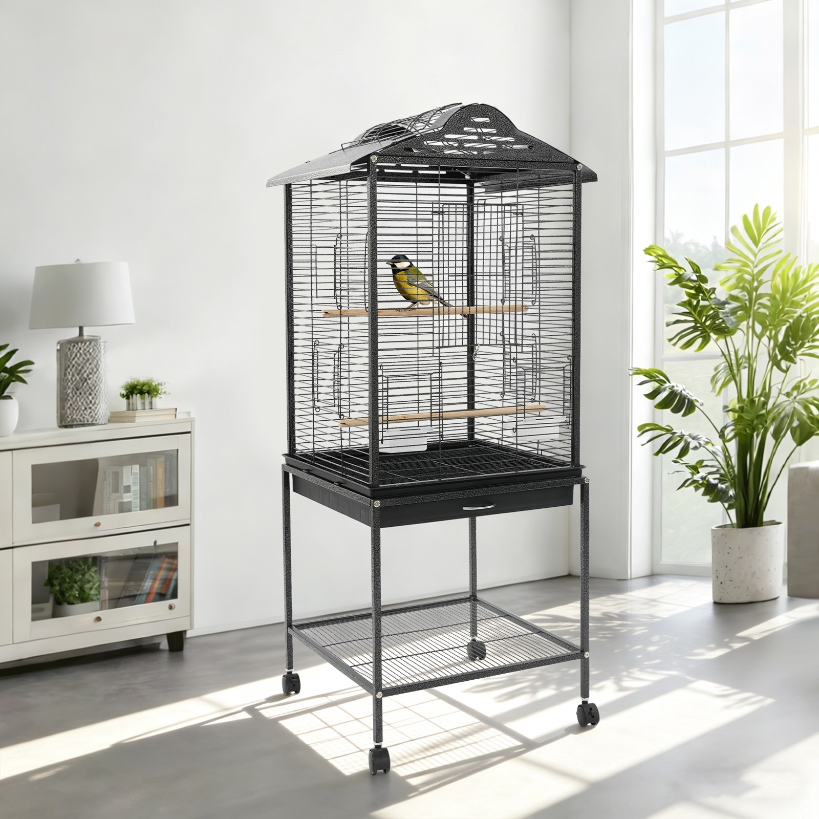 Bird Flight Cage With Rolling Stand, Bird Cage With Shelf And Wheels, Bird Cage