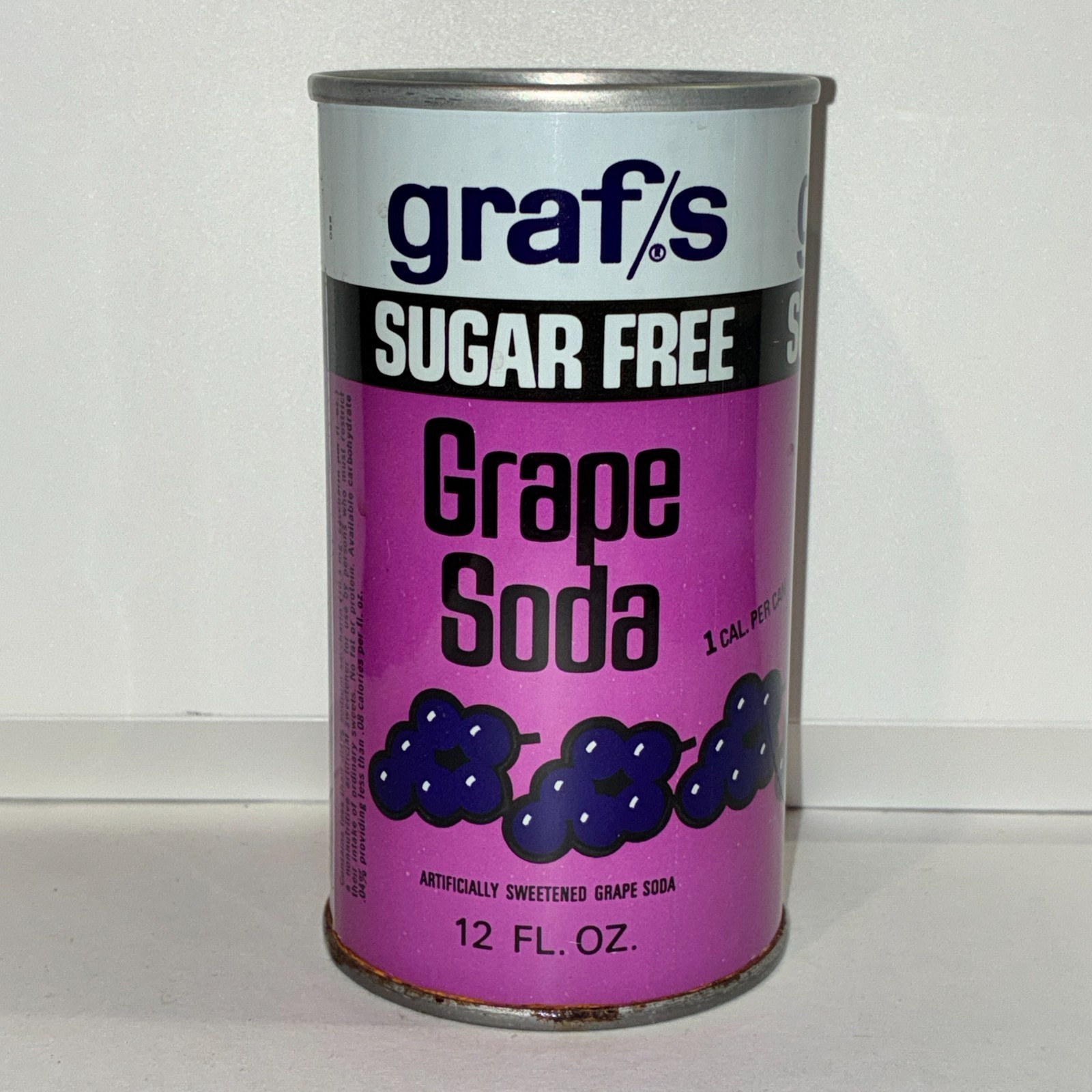 Graf's Sugar Free Grape soda can, black letters