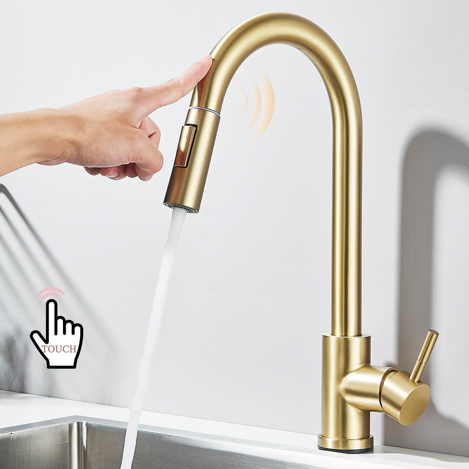 Touch on Kitchen Faucet with Pull Down Sprayer Brushed Gold Sensor Sink Faucet