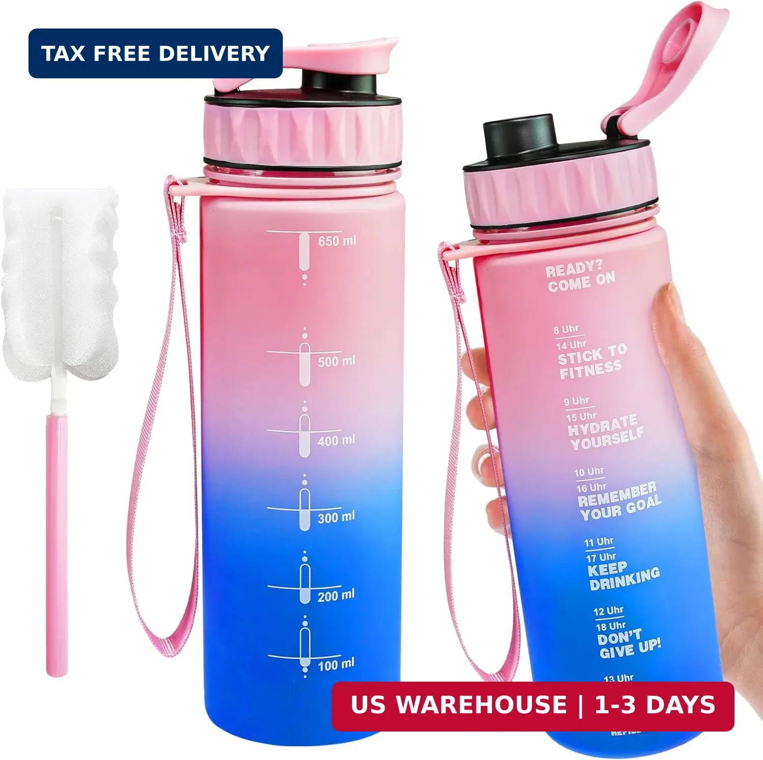 Large Water Bottle with Motivational Time Marker, Water Jug with Handle, Clear S