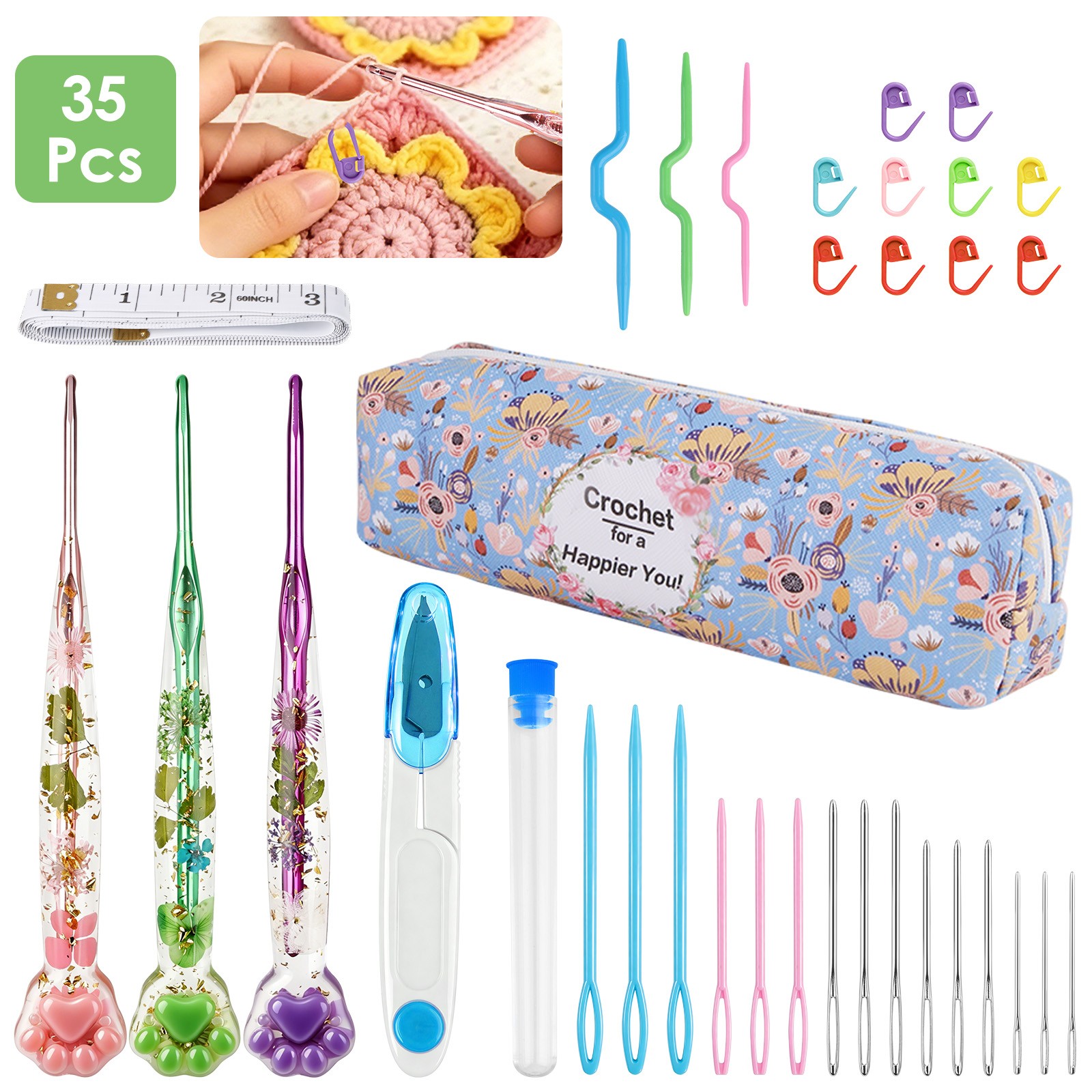 35PCS Crochet Hook Set with Case Ergonomic Resin Handles Stitch Markers Needles