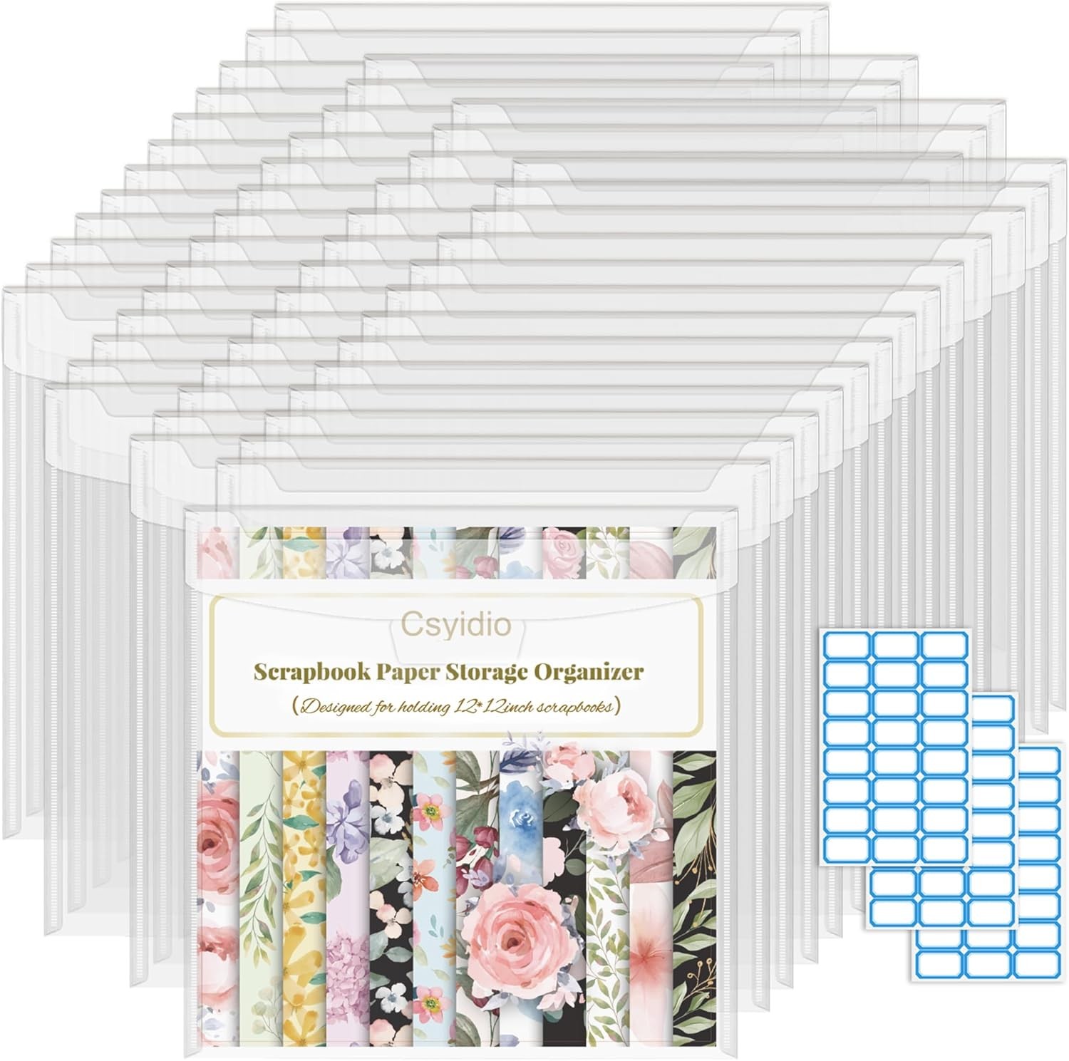 10 PCS 12 x 12 Inch Scrapbook Paper Storage Organizer with Label Stickers, Clear