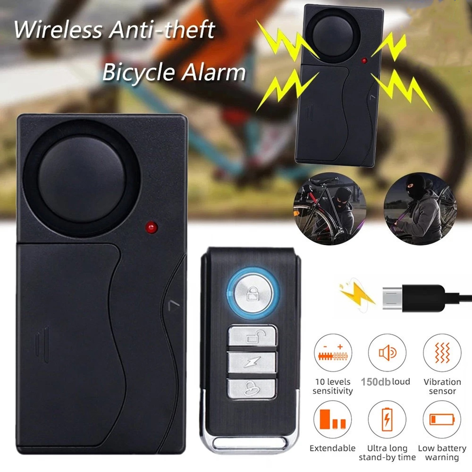 Wireless Anti-Theft Vibration Motorcycle Bike Alarm with Remote Bicycle 150dB US