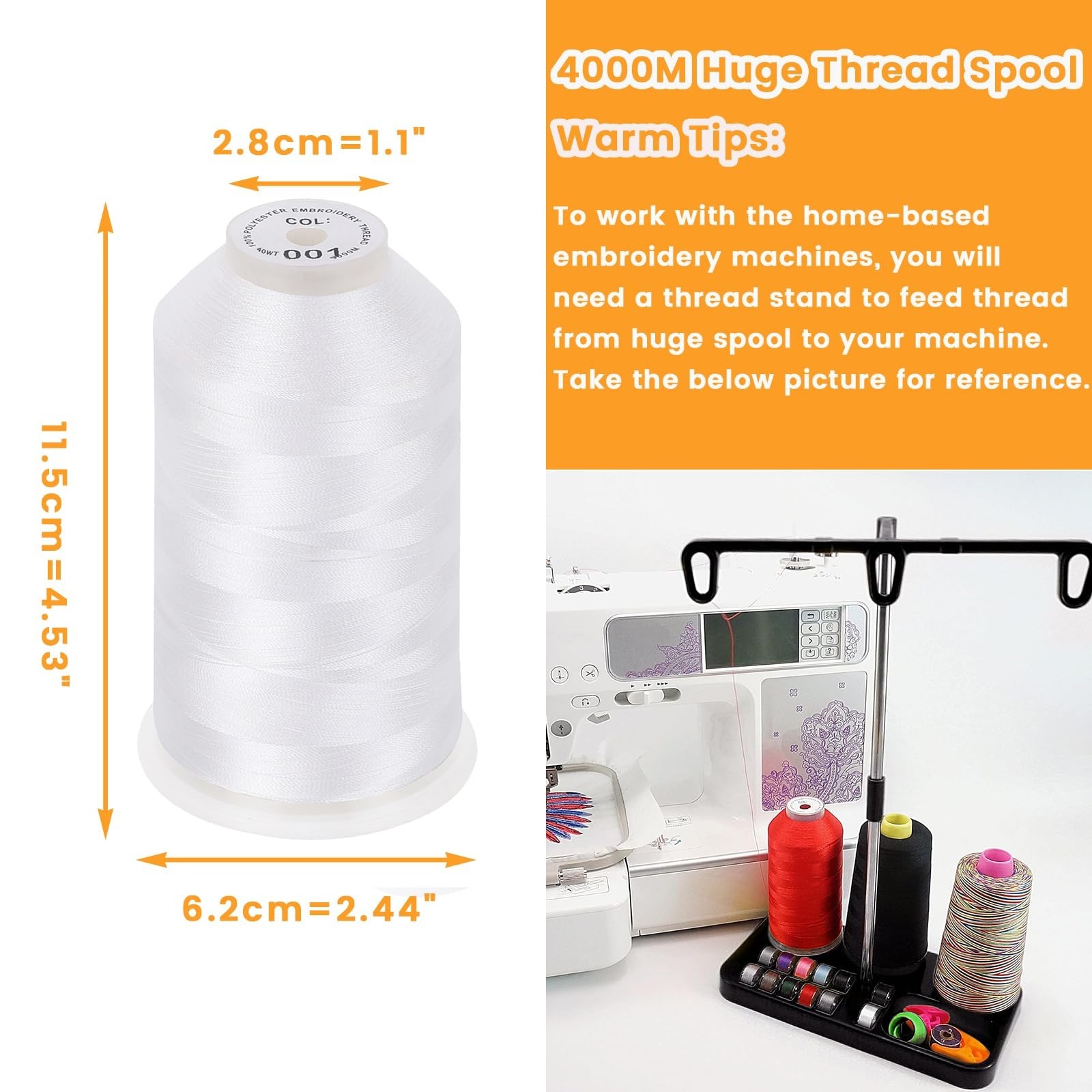 Embroidery Machine Thread 4000M, Polyester 40WT, White