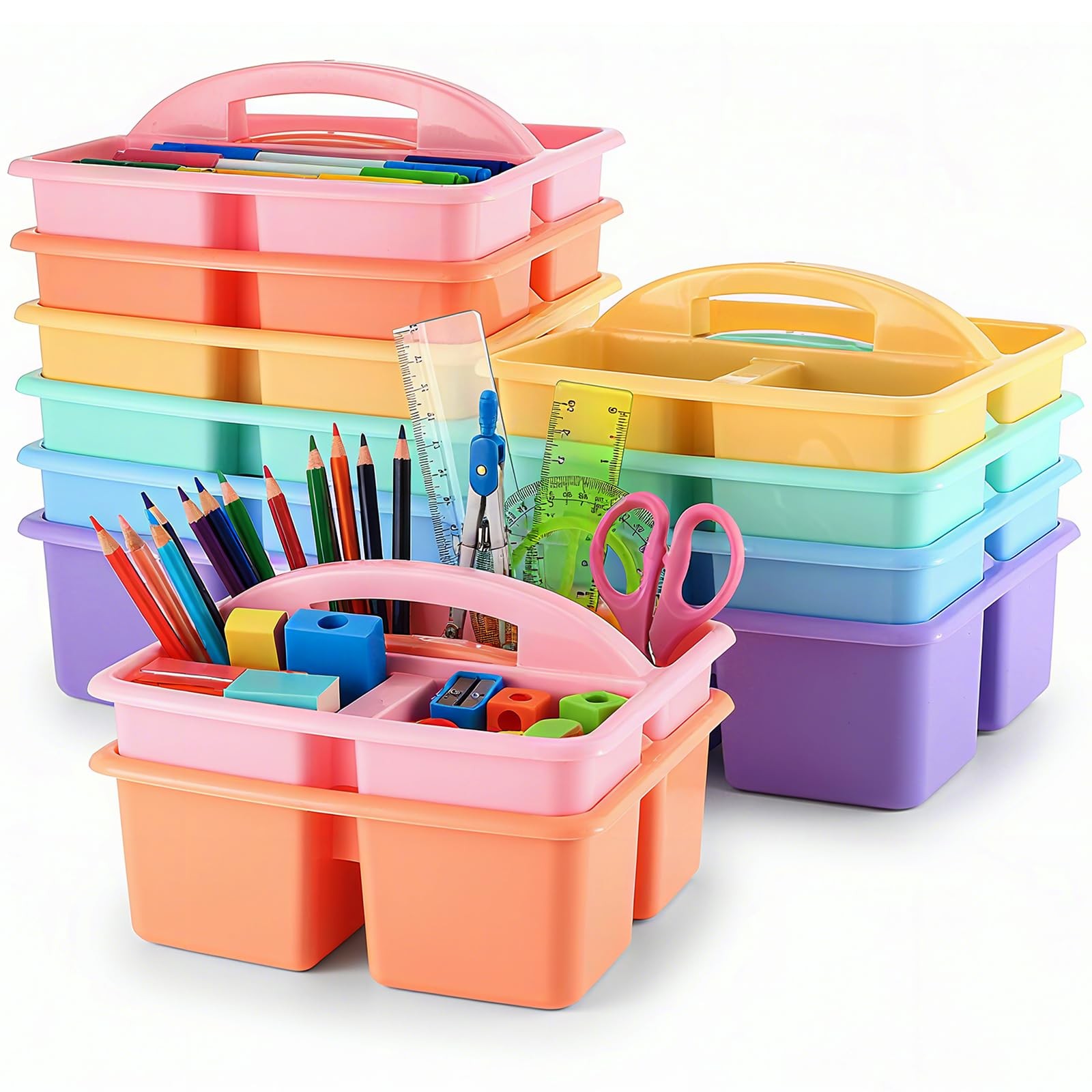 12 Pack Classroom Caddy Storage Basket with Handle 3 Compartment Plastic Stor...