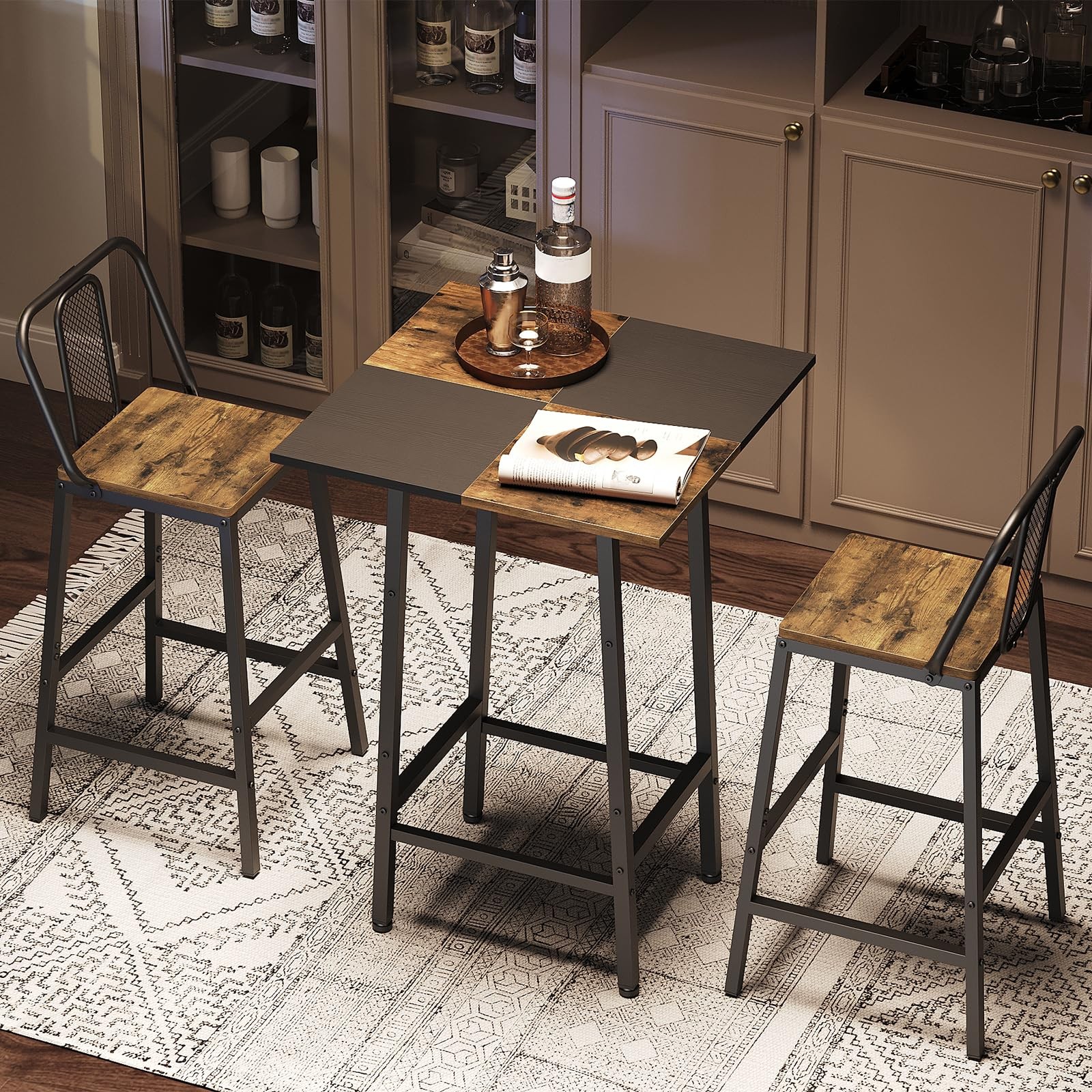 Rustic Brown And Black Bar Table Kitchen Dining Pub Counter Height Breakfast...