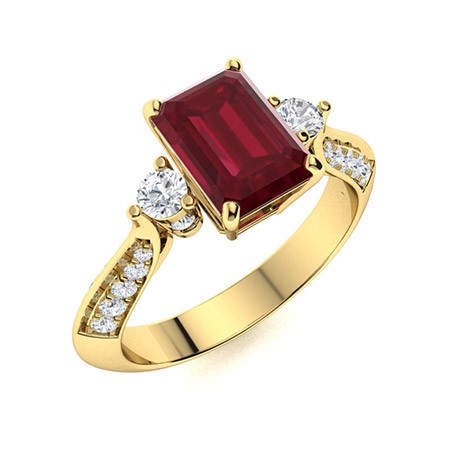 8x6mm Emerald Cut Ruby Ring 925 Sterling Silver Rose Plated Three Stone Band