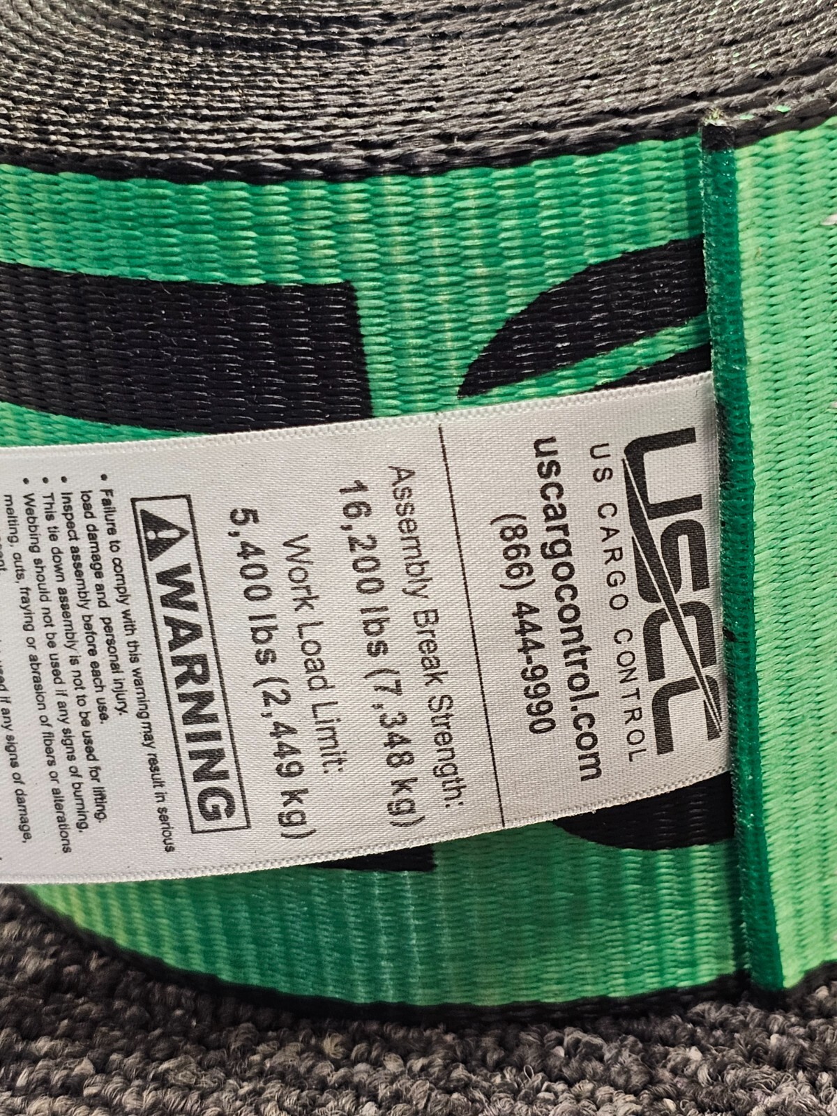 (QTY 2) USCC US CARGO CONTROL Green Strap 5400lbs Limit, break strength 16200lbs