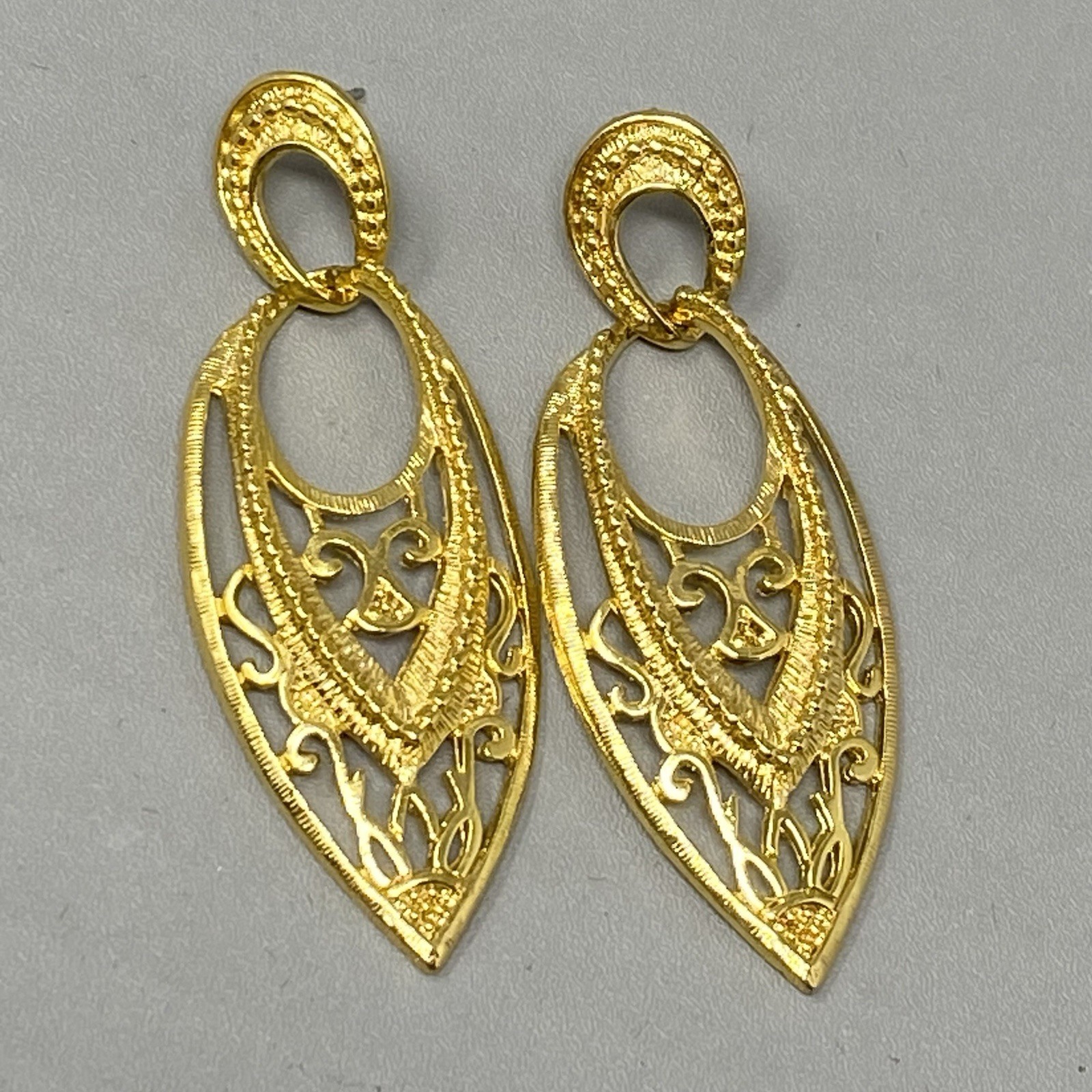 Dangle Drop Pierced Earrings Gold Tone Teardrop Textured Open Work New Backs NOS