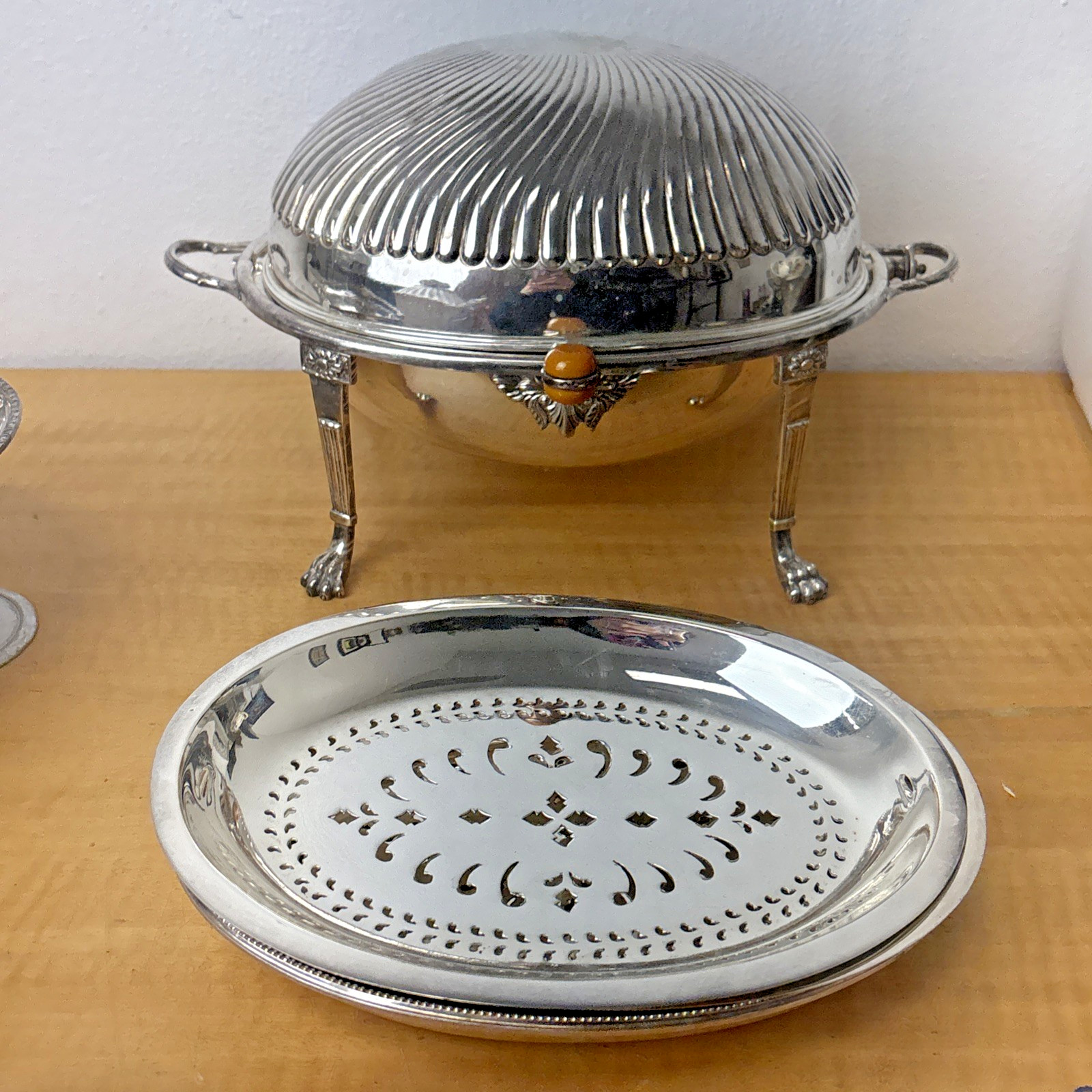 Antique Silverplate Revolving Dome Covered Breakfast Server Tureen + 4 Inserts