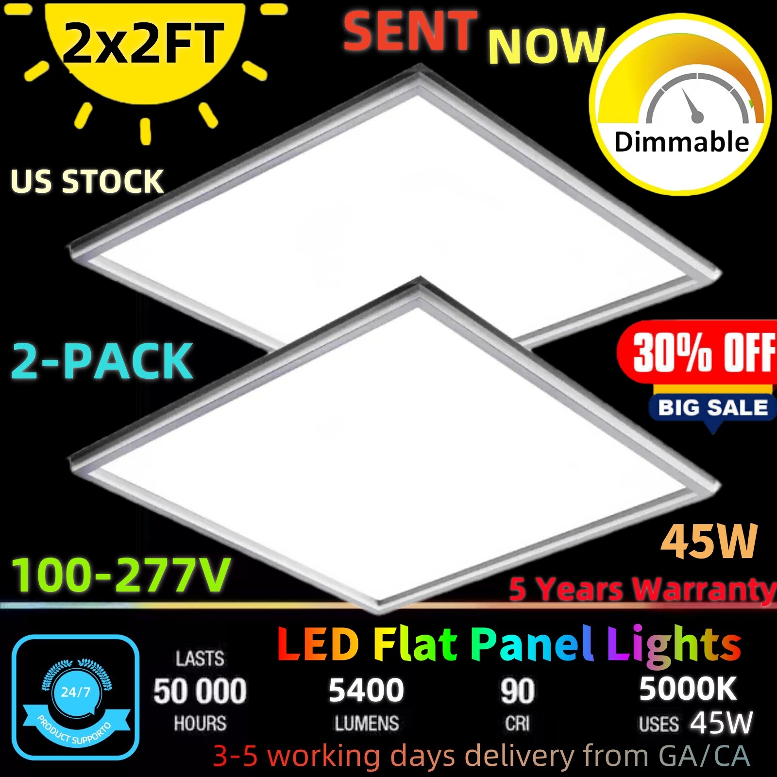 LED 2 x 2 ft. Flat Panel Ceiling Lights - 45 Watts 5000K - 100-277V - Dimmable