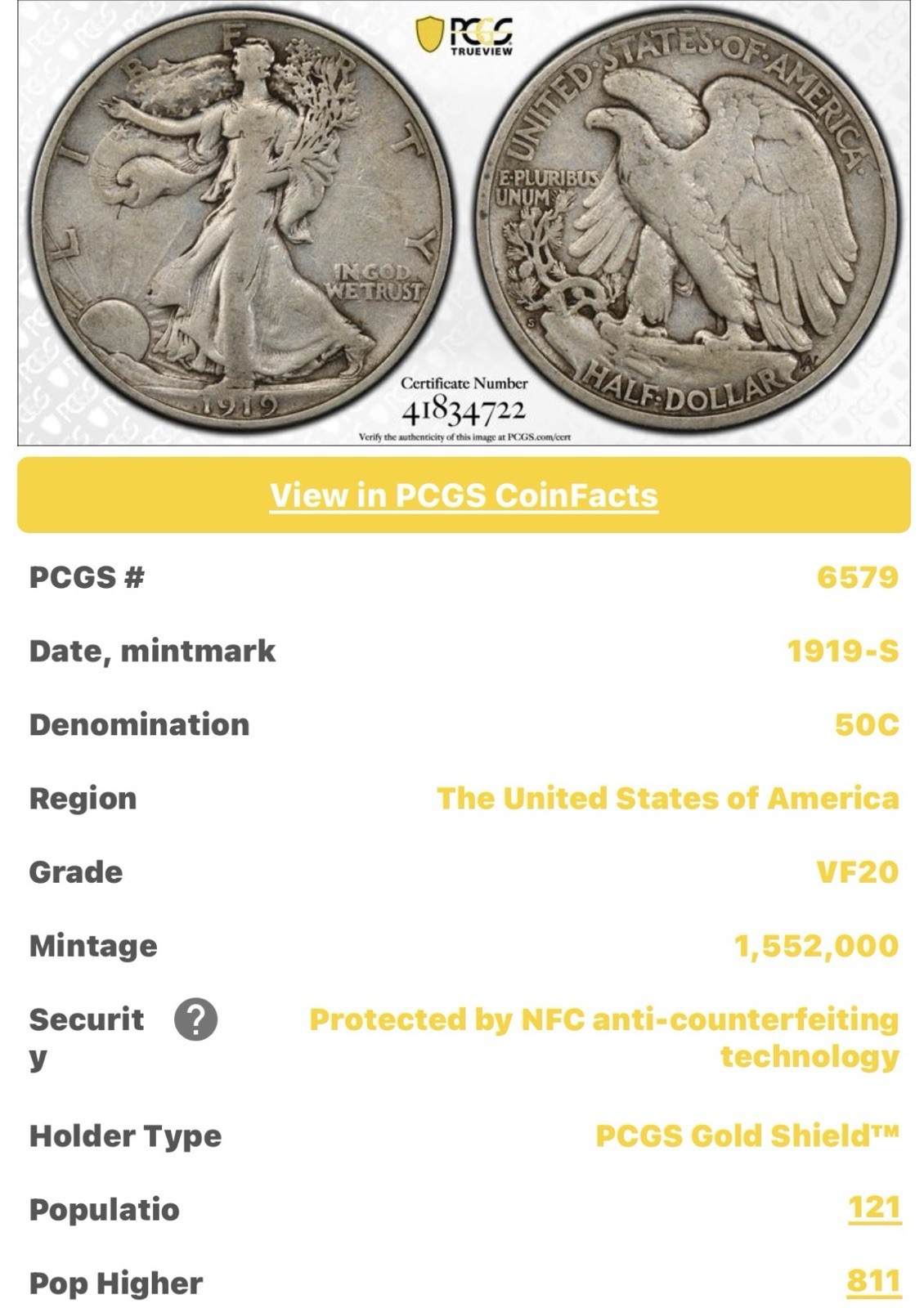 1919 S WALKING LIBERTY HALF DOLLAR PCGS VF20
