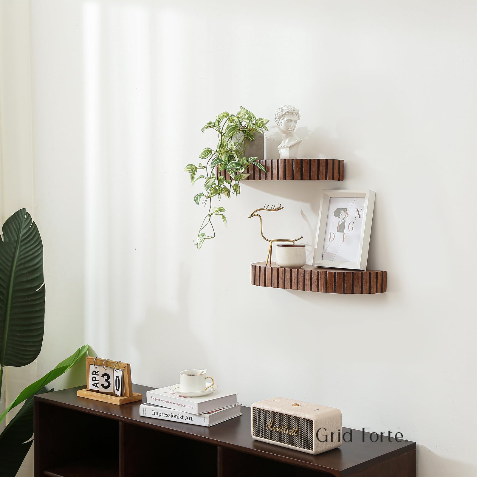 2 PCS Wood Rounded Fluted Floating Shelf 16x5.5 Inch Modern Display Rustic