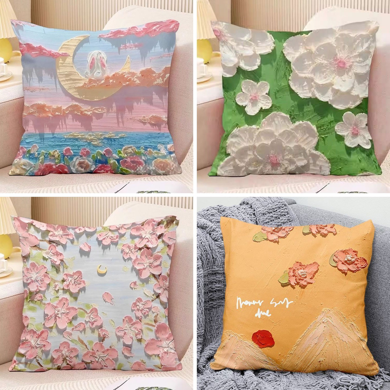 sea of flowers 3D effect pillow case moon rabbit pillow cover sunrise mountains