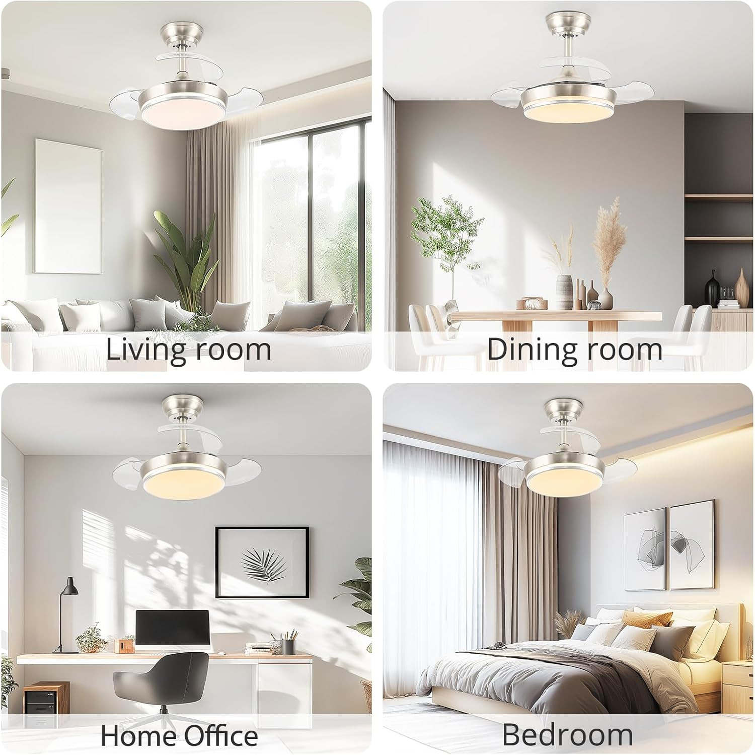 30" Retractable Ceiling Fan with Dimmable LED Light & Remote, 6 Speeds, Brushed