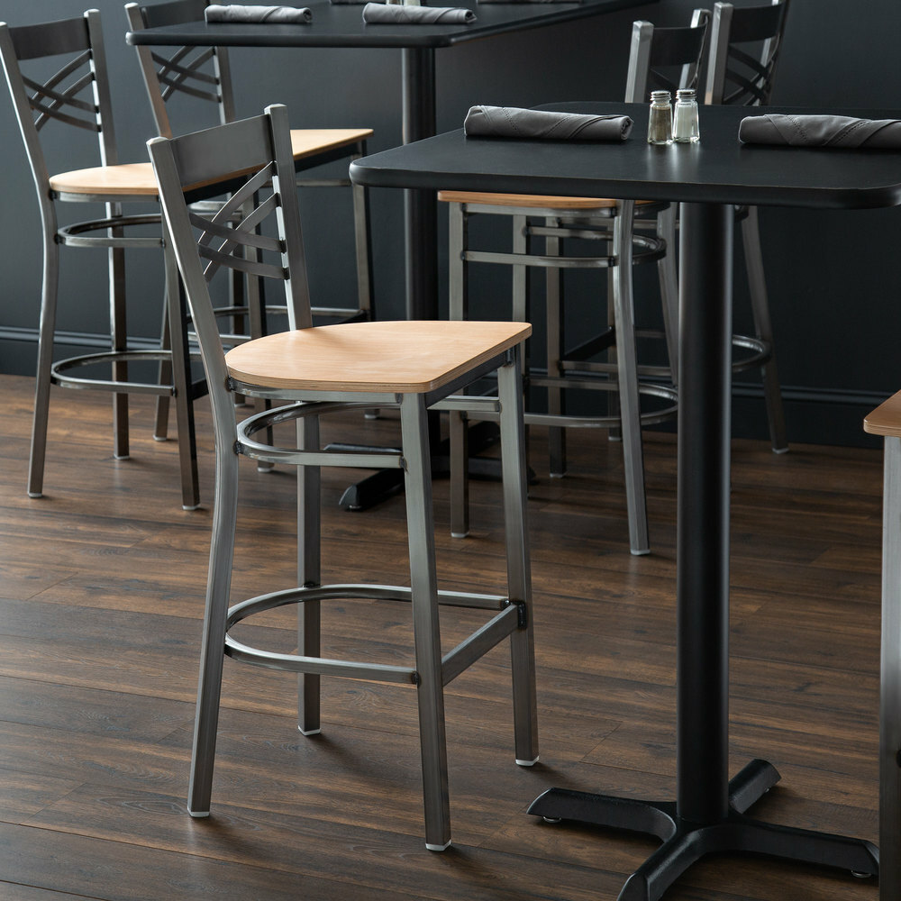 Cross Back Clear Coat Metal Restaurant Barstool With Natural Wood Seat