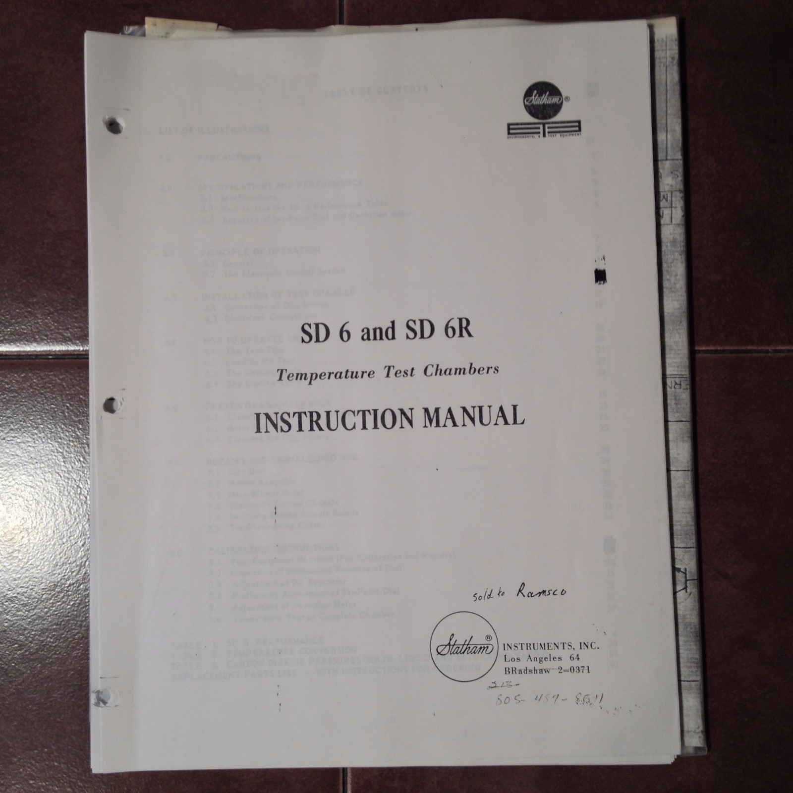 Statham SD6 and SD 6R Temperature Test Chambers Instruction Manual
