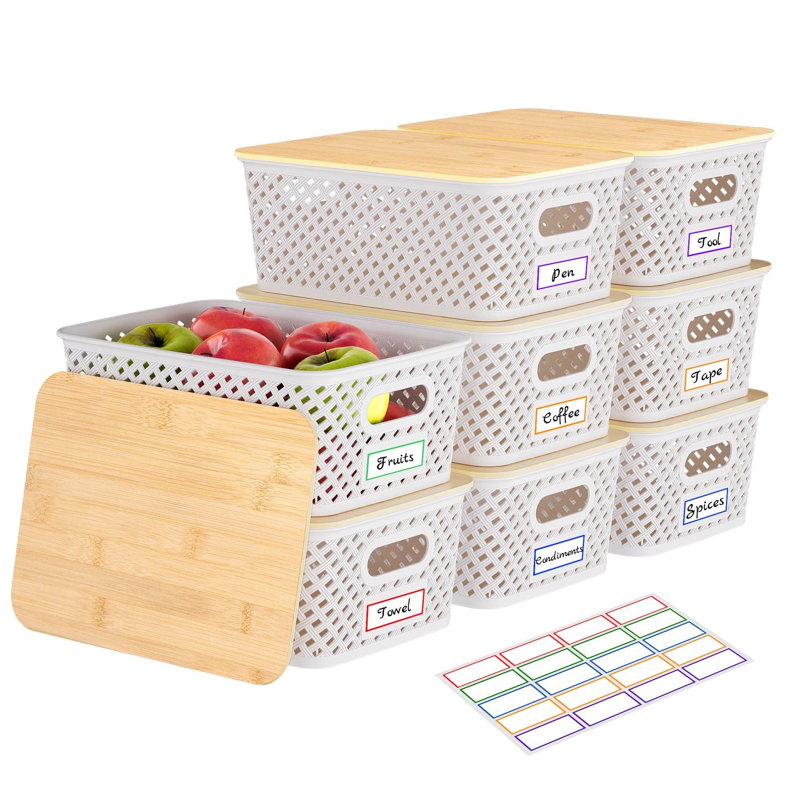 Anysig 8 Packs Plastic Storage Bins with Bamboo Lids - Stackable Storage Bins...