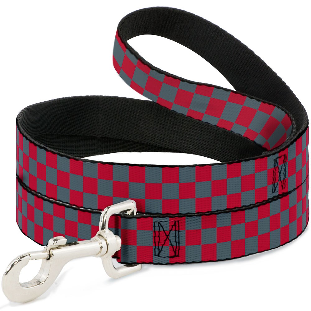 Dog Leash Checker Crimson Red/Gray  NARROW 0.5"