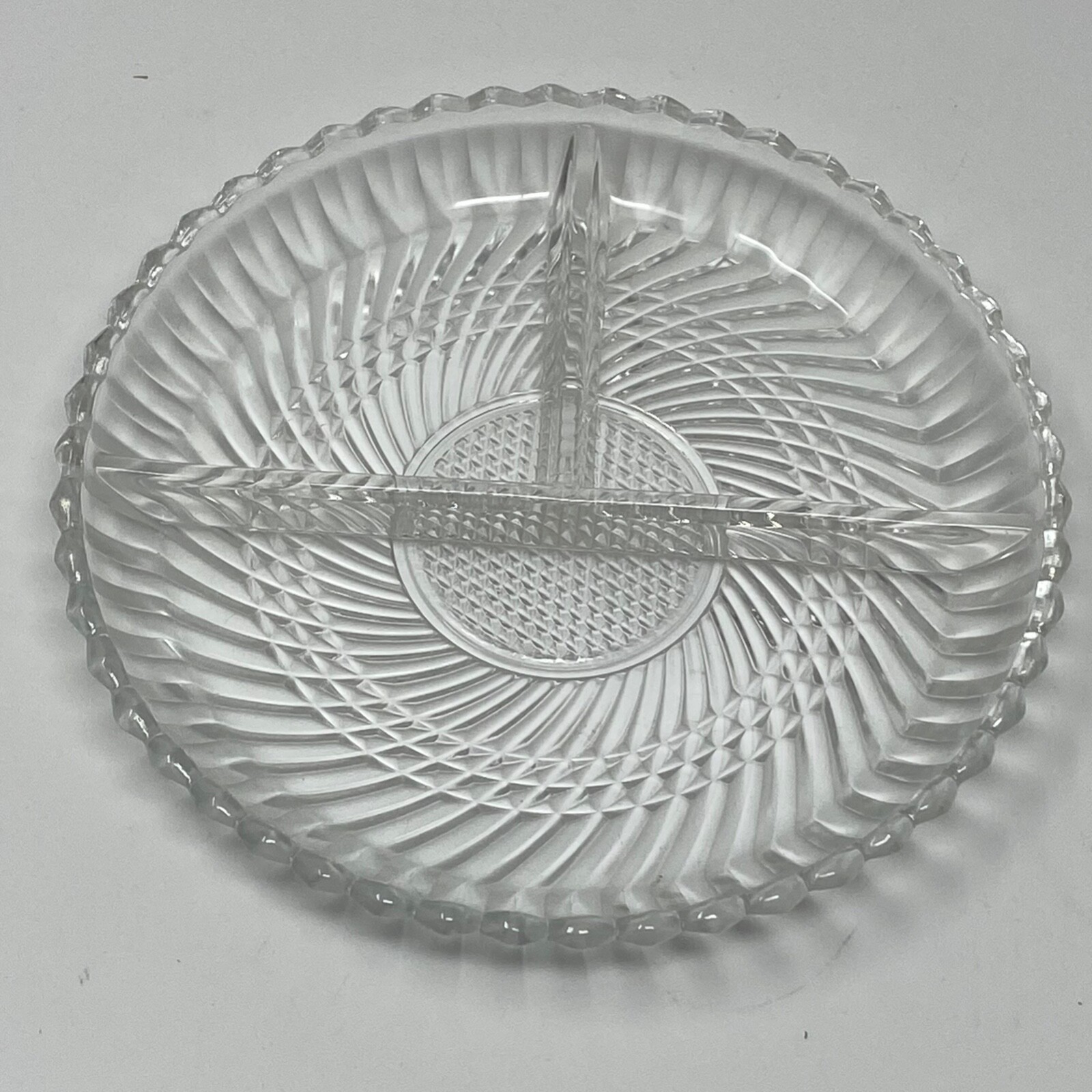 Clear Glass Small Round Divided Dish Olives Pickles Condiments No Marks 7 Inches